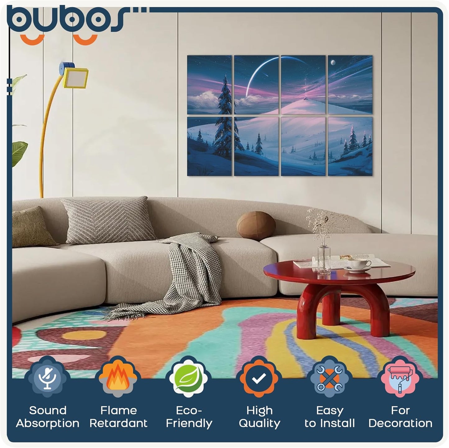 BUBOS 8 Pack Art Acoustic Panels Soundproof Wall Panel,47.2X31.4 Inches Sound Absorbing Panel,Self-adhesive Decorative Acoustical Wall Panels, Acoustic Treatment for Ceiling Home Office（Snow 03）