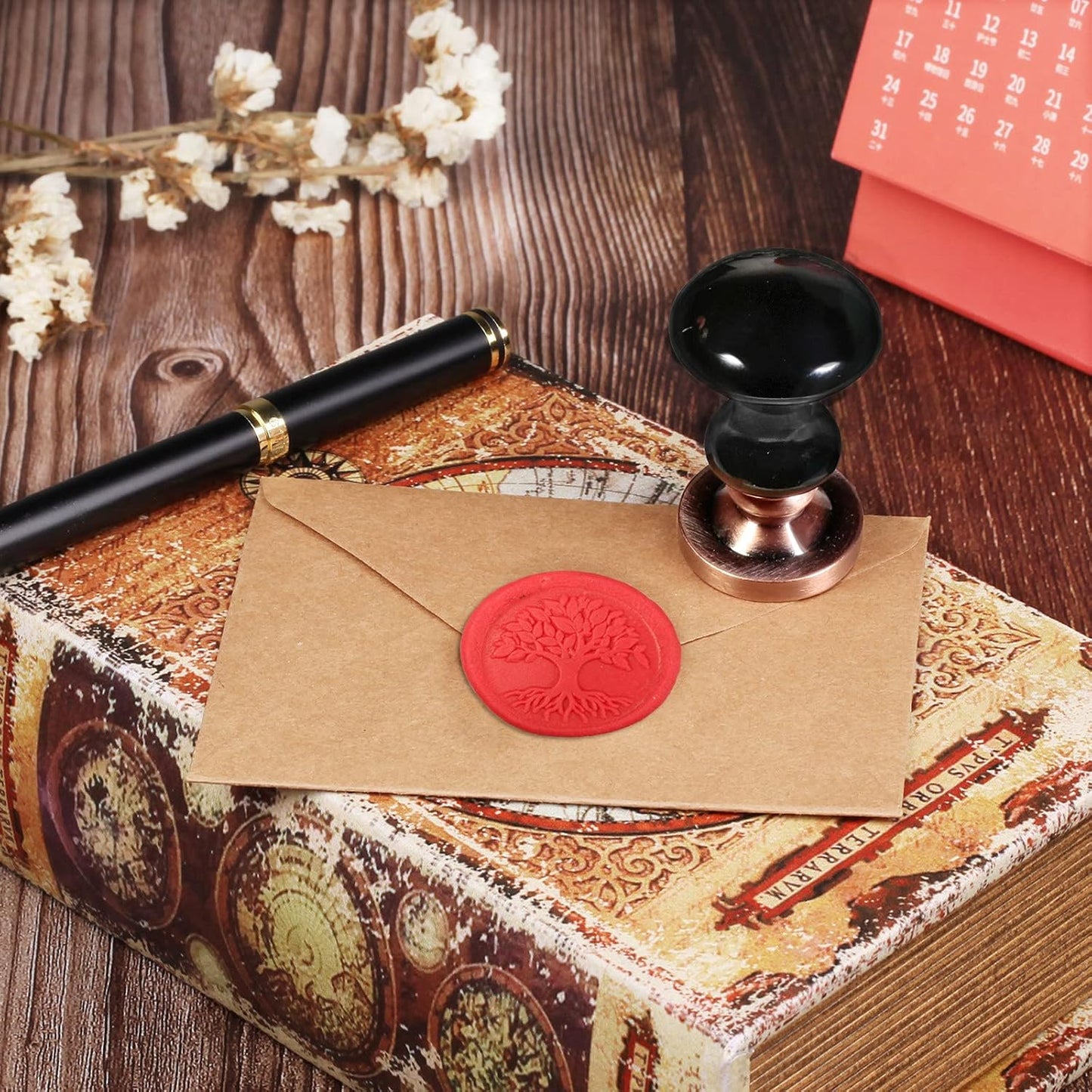 rockcloud Wax Seal Stamp Set, 4 Pieces Sealing Wax Stamps Copper Seals with 1 Black Obsidian Seal Handle for Cards Envelopes Invitation Decoration, Tree of Life