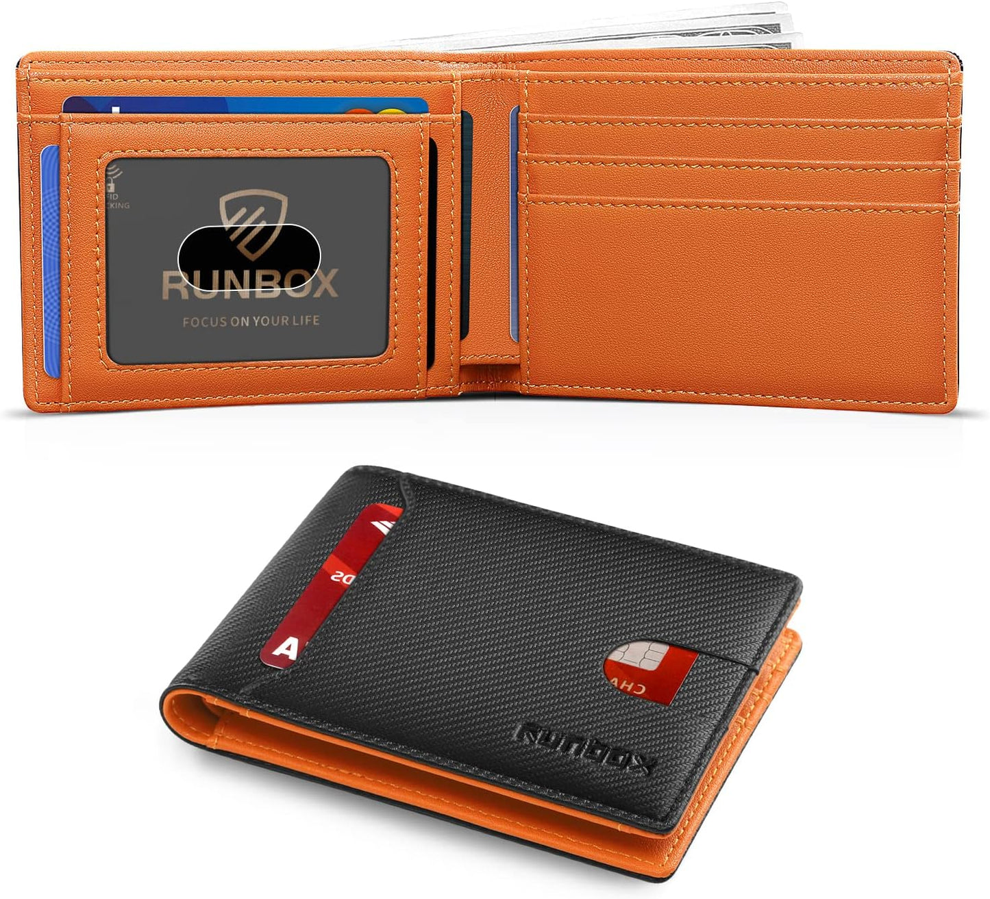 RUNBOX Novelty Wallet for Men Slim 11 Credit Card Holder Slots Leather RFID Blocking Small Thin Men's Wallet Bifold Minimalist Front Pocket Large Capacity Gift Box