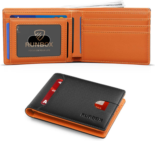 RUNBOX Novelty Wallet for Men Slim 11 Credit Card Holder Slots Leather RFID Blocking Small Thin Men's Wallet Bifold Minimalist Front Pocket Large Capacity Gift Box