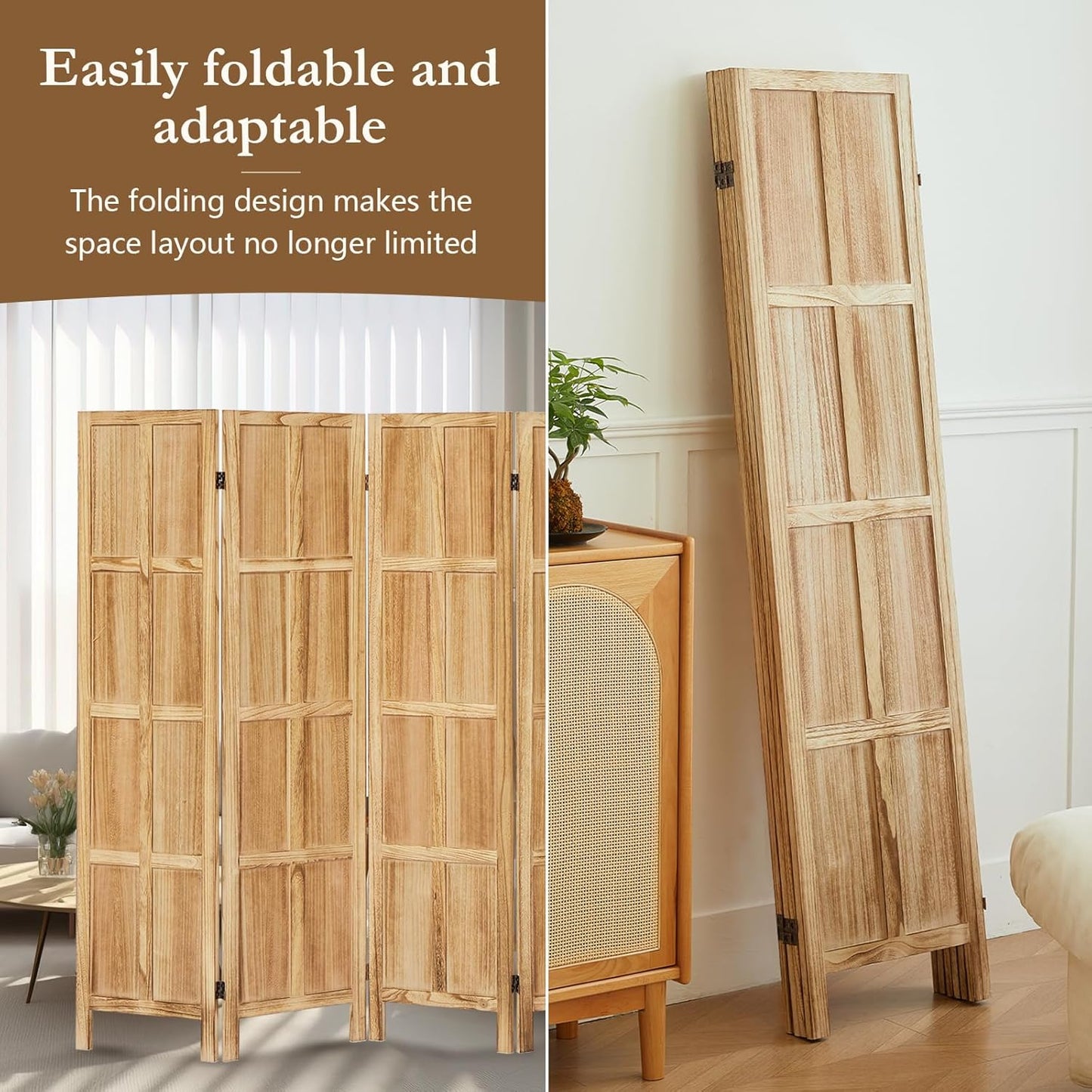 4 Panel Room Divider, 5.6Ft Wood Room Dividers and Folding Privacy Screens, Room Divider Wall Freestanding, Room Dividers Screen for Home Office Restaurant Bedroom, Light Brown
