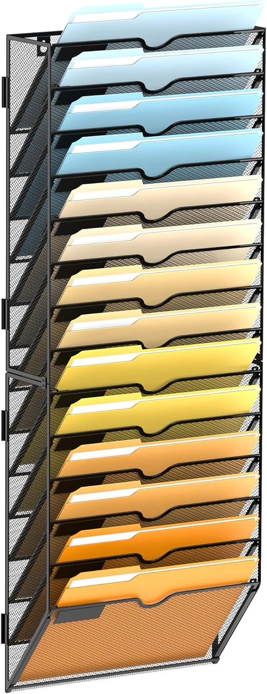 SUPEASY 14-Tier Wall File Organizer Mesh Office Mail Holder, Hanging Wall Organizer Magazine Rack for Office Black