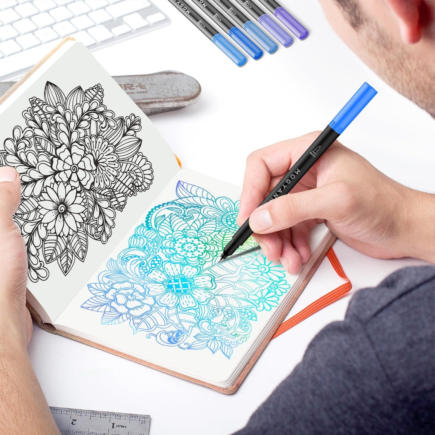 Mogyann Blue Markers, 12 Pack Dual Brush Pens Drawing Markers for Art Sketching