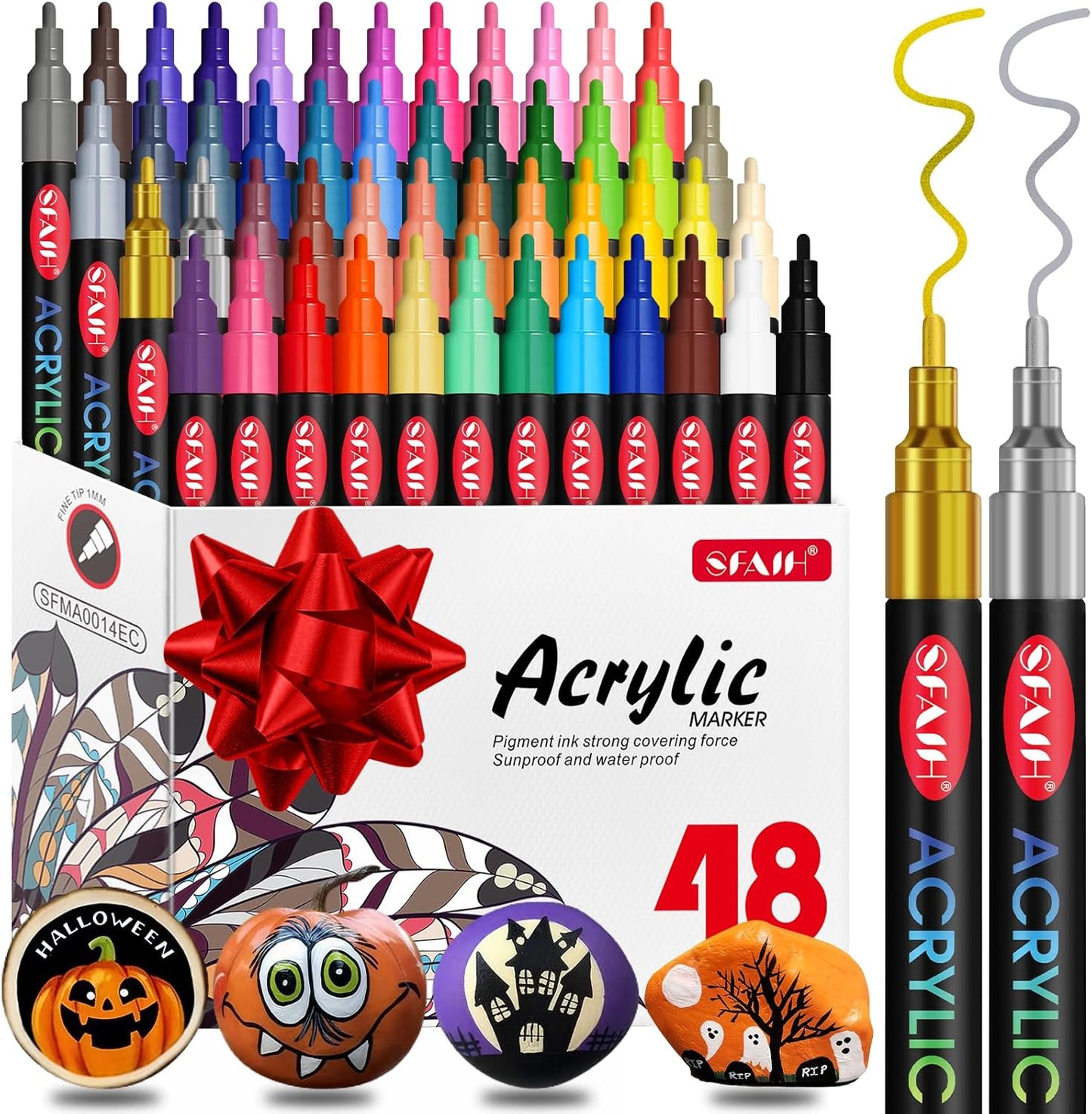 SFAIH 48 Vibrant Acrylic Paint Markers - [Ultra High Coverage]1-2mm Fine Tip Pen for Any Surface, Halloween Decorations, Pumpkin Painting, Paper Rock Fabric Wood, Non-Bleeding Permanent Ink, Non-Toxic