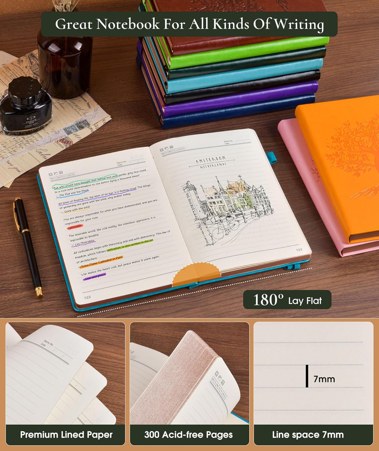 Vintage Leather Journal with 300 Numbered Pages,A4 Lined Journal for Men Women,Daily Journals for Writing,College Ruled Notebook for Work,School,Note taking,Travel Diary,Large (8.5" X 11.3")