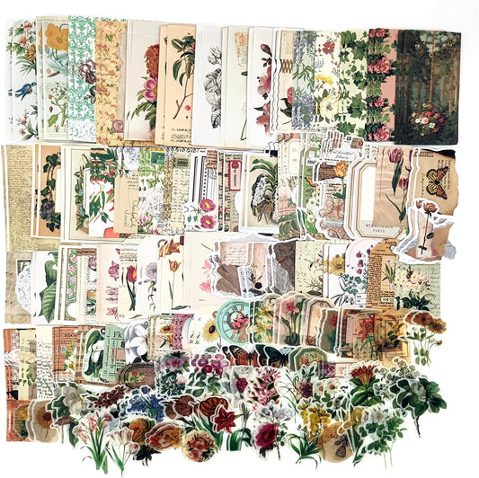 200PCS Vintage Scrapbooking Supplies Pack, Aesthetic Scrapbook Sticker Paper Art Journaling Kit for Bullet Junk Journals,Planner,Cottagecore Decor Gifts (Floral)