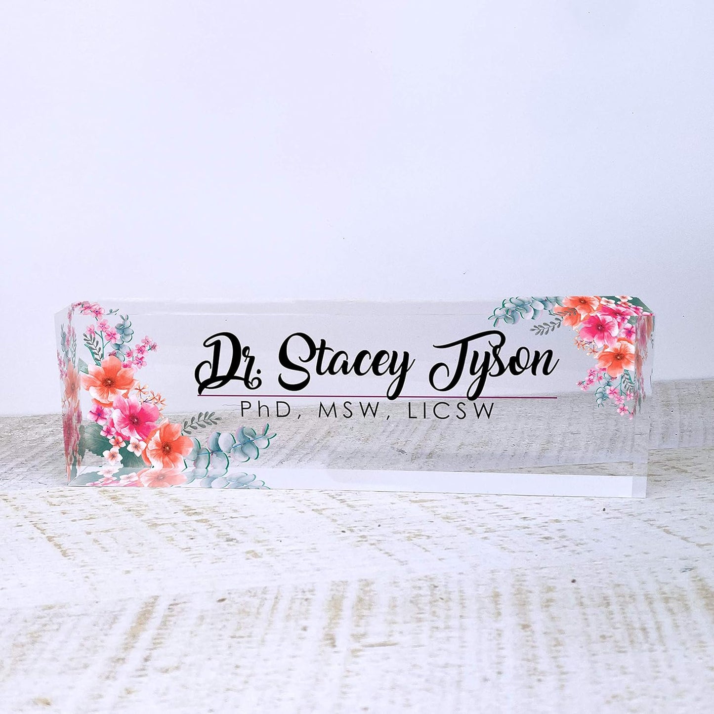 Artblox Office Desk Name Plate Personalized | Custom Name Plates for Desks | Flowers Wild Design On Clear Acrylic Glass | Office Desk Decor - (8" x 2.5")