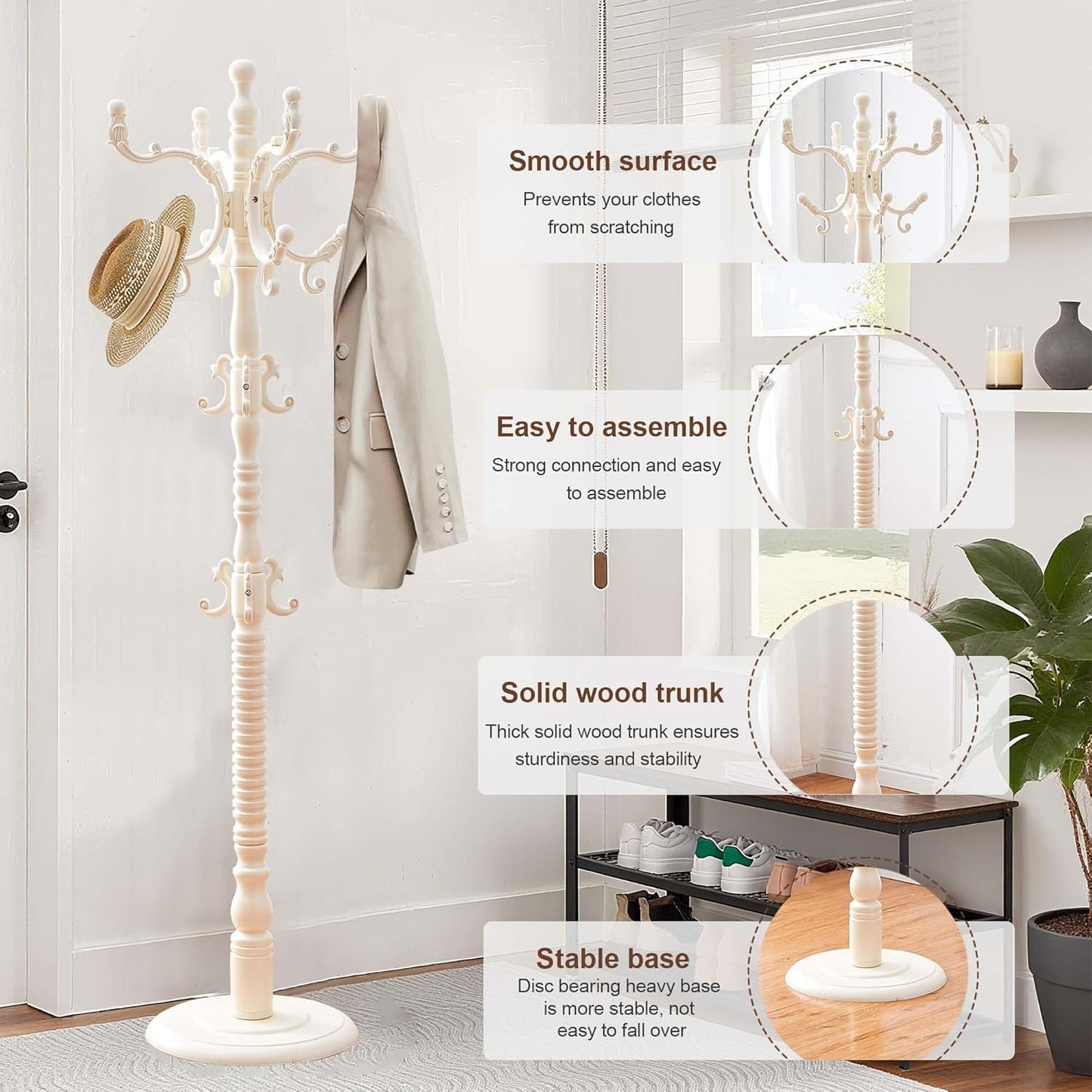 Solid Wood Coat Rack Stand with 18 Hooks, Vintage Coat Rack Freestanding with Heavy Duty Base, 3 Adjustable Height Coat Hanger Stand Hall Tree Fits Entryway Bedroom Office for Coat,Bag,Hat