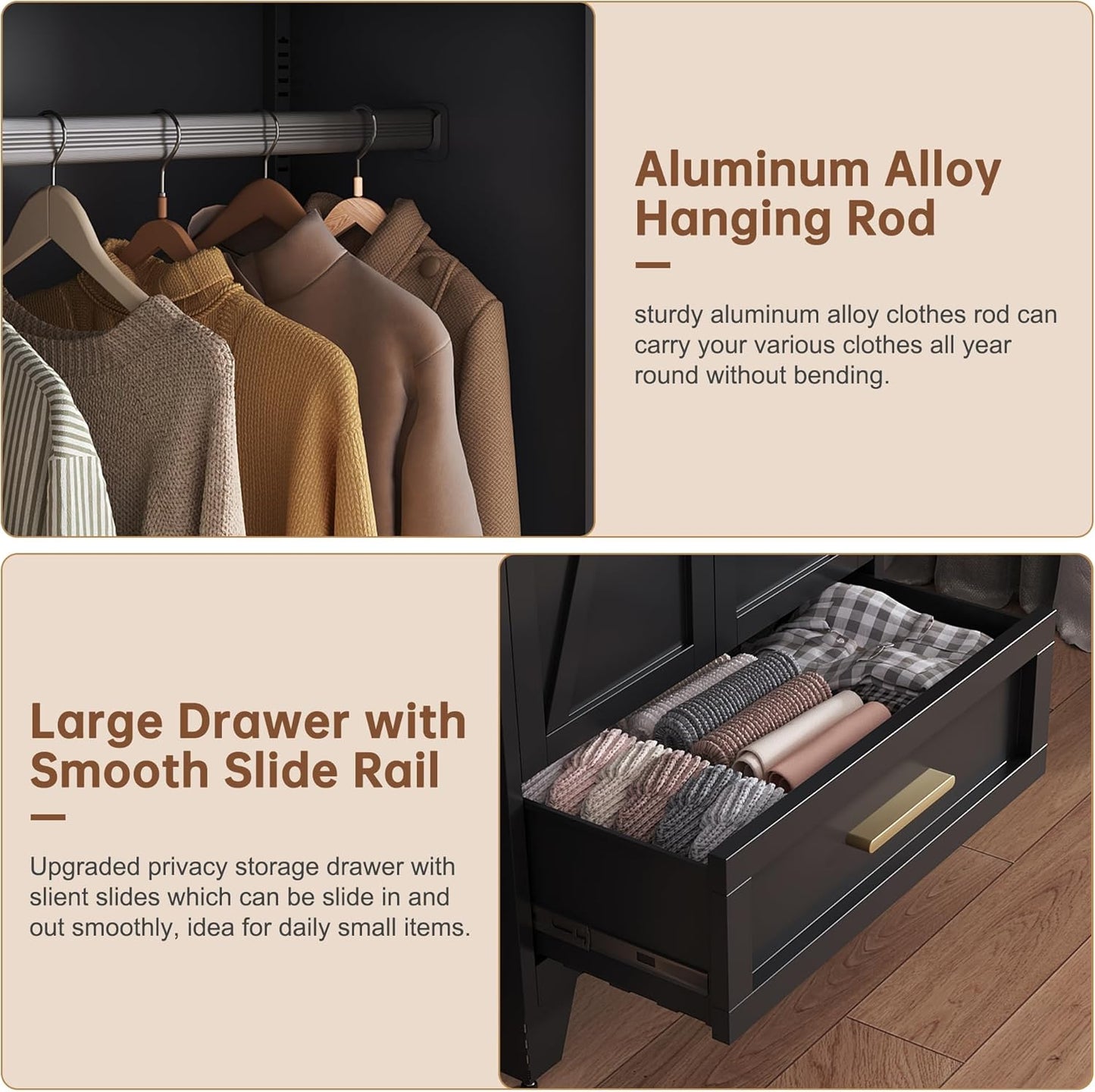 71" Tall Metal Wardrobe Cabinet with Drawer and Hanging Rod, 2 Doors Armoire Wardrobe Closet with Shelf for Bedroom, Office, Laundry Room, Black