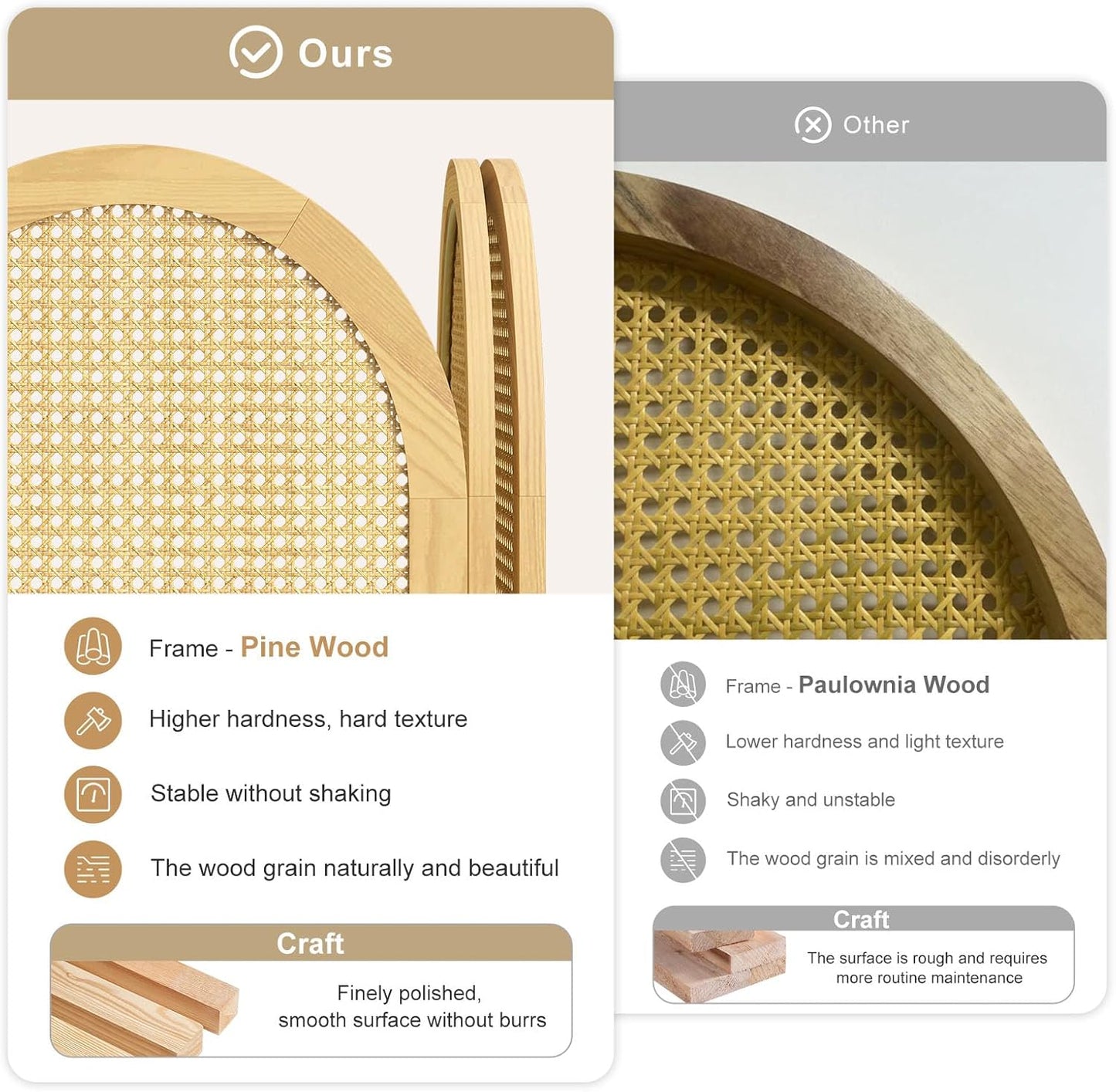 3-Panel Hand-Woven Rattan Room Divider, Tall Foldable Privacy Screen with Wooden Frame - Freestanding Portable Partition for Home Office, Bedroom, Bathroom(Natural-Pine)