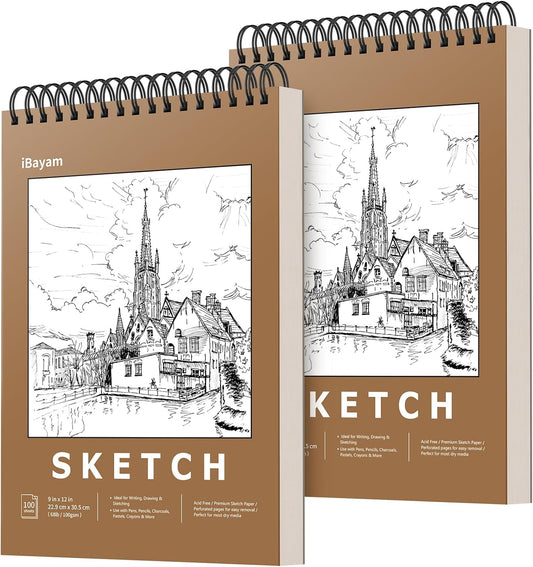 iBayam 9" x 12" Sketch Book Set, 2-Pack Spiral Bound Drawing Paper, 200 Sheets (68lb/100gsm) Premium Sketchbook, Acid-Free Art Drawing Painting Sketching Pad Supplies for Kids, Teens, Adults, Artists