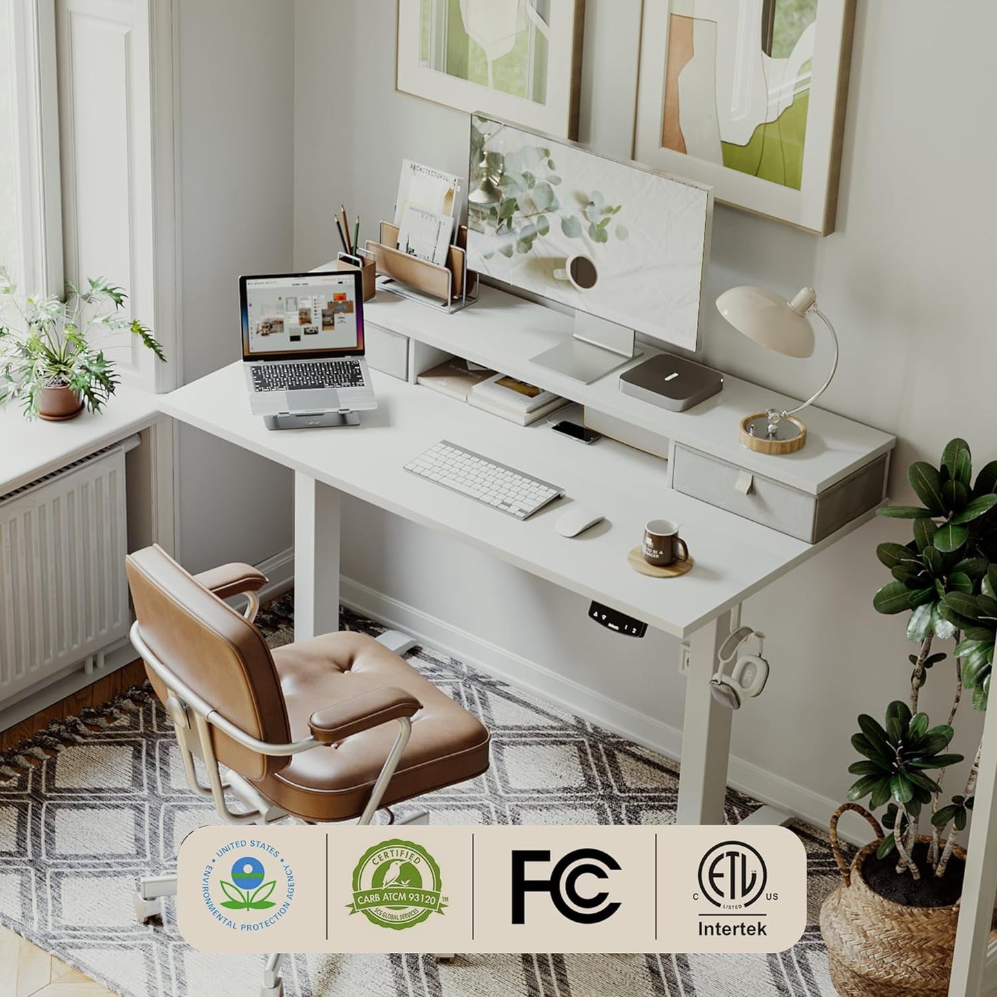 Agilestic 53 x 24 Inches Height Adjustable Electric Standing Desk with 2 Drawers, Stand Up Electric Desk Adjustable Height, Sit Stand Computer Gaming Table with Splice Board, White