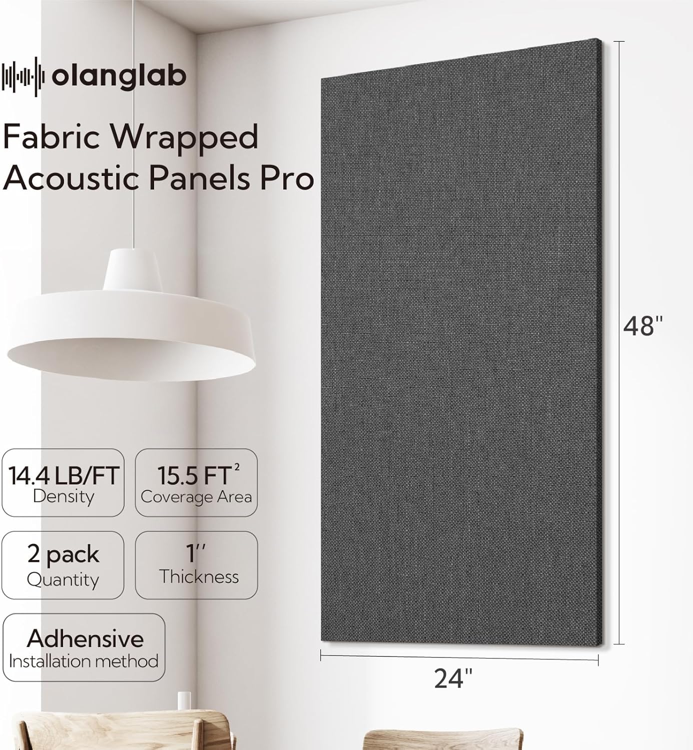 Olanglab Acoustic Panels 2 Pack, 48''x24'' Large Sound Panels, Fabric Wrapped Sound Proof Foam Panels for Walls, Sound Absorbing Panels for Recording Studio Acoustical Treatments (Light Gray)