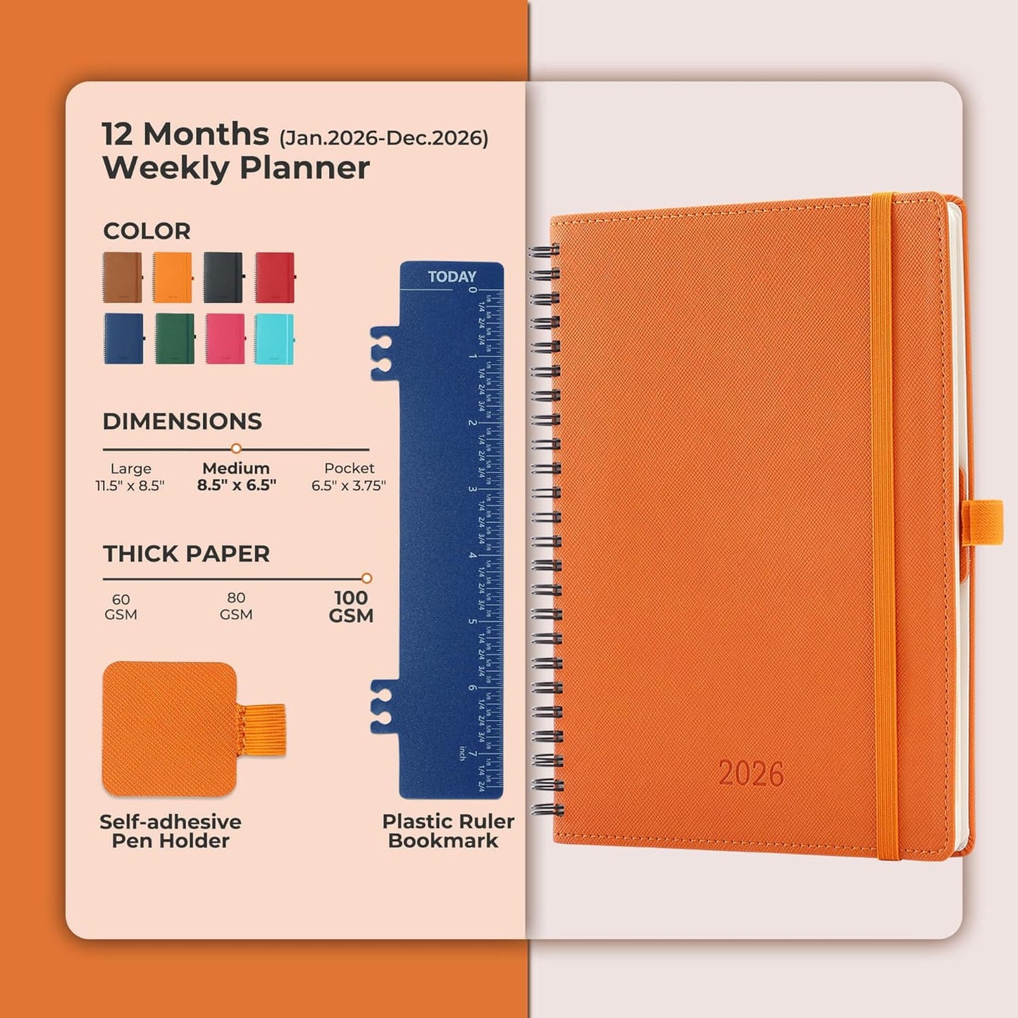 Planner 2026 Daily Weekly and Monthly,8.5"x6.5",12 Months Spiral Bound Calendar Agenda with Self-adhesive Pen Holder,2026 Appointment Book with Vegan Leather Soft Cover,Orange