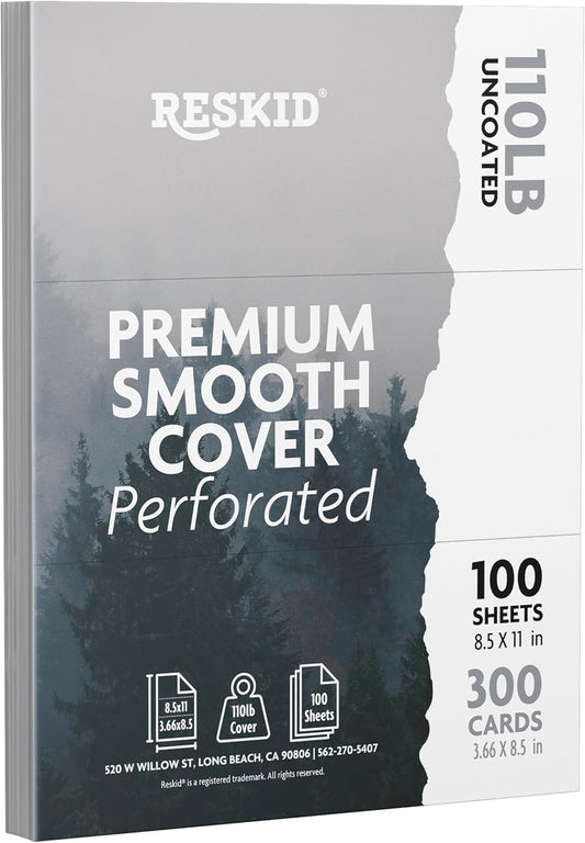 100-Sheet Pack Of 110lb White Cardstock Thick Perforated Paper, 8.5x11 With 3 Per Page - 3.66x8.5 - Blank Heavy Weight Cover Card Stock - 100 Sheets With 300 Cards (3up - 3.66x8.5)