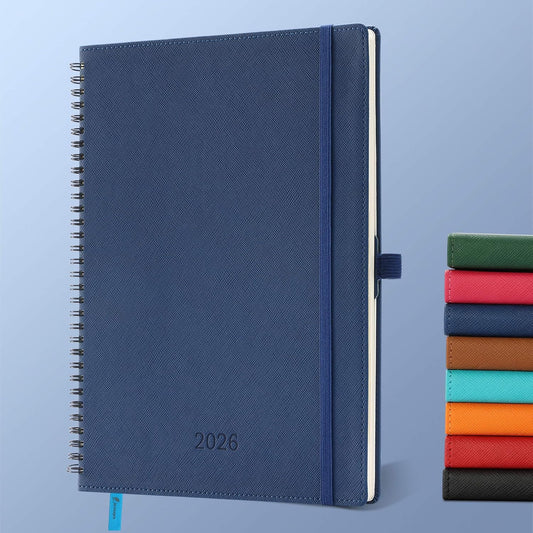 Planner 2026 Daily Weekly and Monthly,11.5"x8.5",12 Months Spiral Bound Calendar Agenda with Self-adhesive Pen Holder,2026 Appointment Book with Vegan Leather Soft Cover,Blue