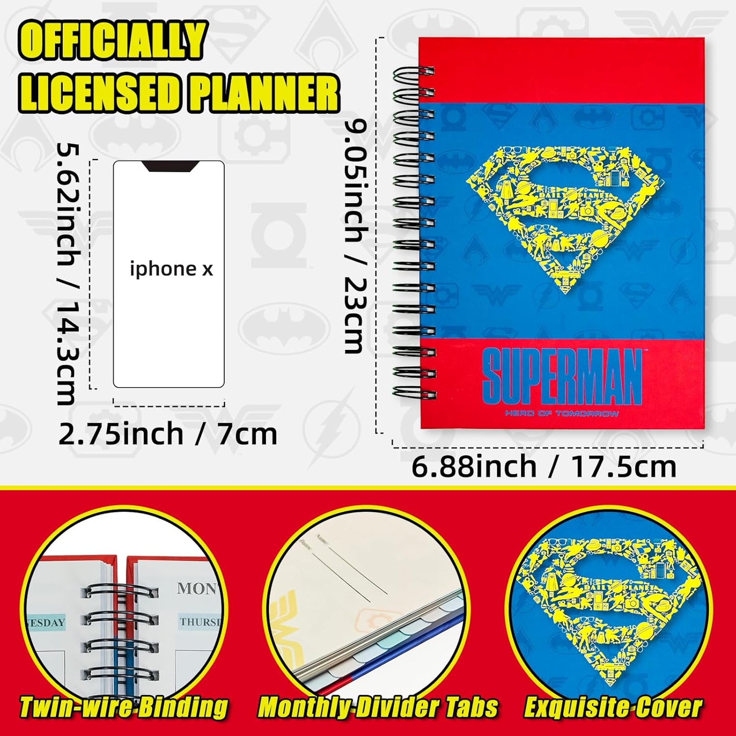 Superhero Academic Planner, Weekly Monthly Daily Agenda, Custom Date Organizer for Time Management, Spiral Bound Notebook with Colorful Tabs,Datebooks for Middle or High School Student (Blue Red)