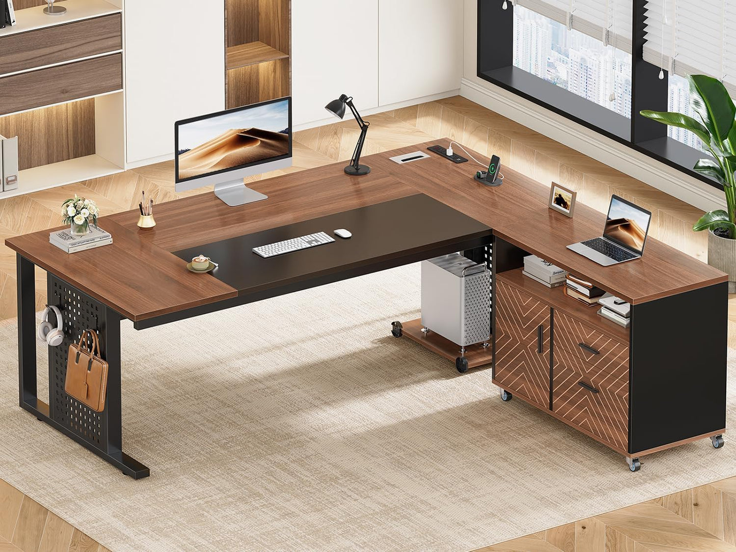 SEDETA 71" Executive Desk with Rolling File Cabinet, Large Office Desk with Drawers, L Shaped Computer Desk with Power Outlets, CPU Stand, Pegboard and Storage Shelves, Brown