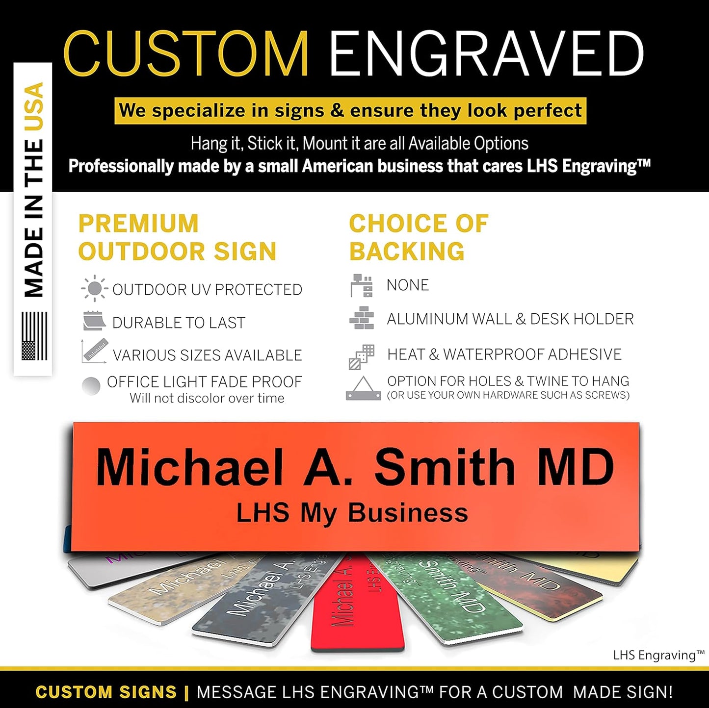 Engraved Door Signs for Office Personalized Orange Plastic Door Plaque Black Letters - Made in USA 2x8 B11