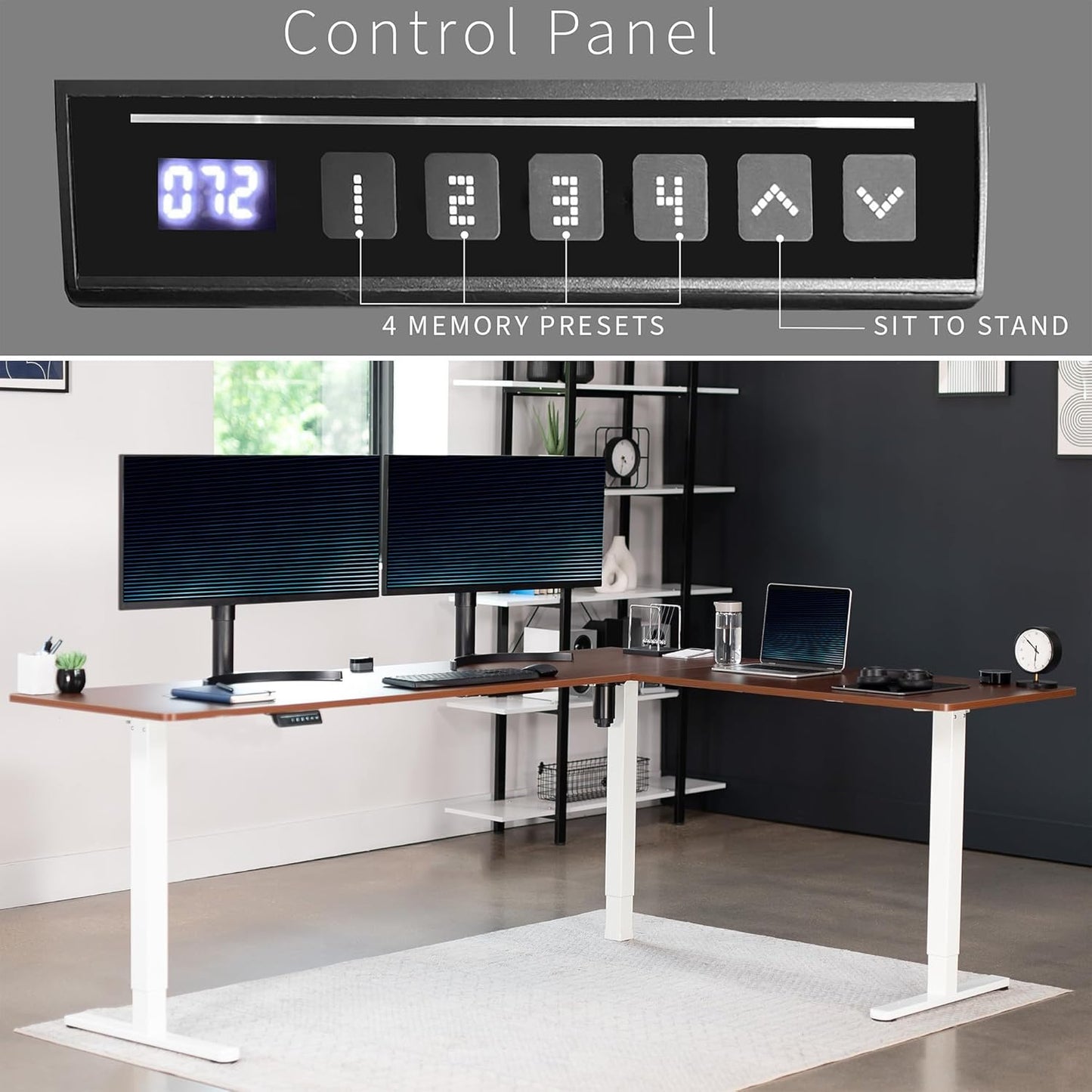 VIVO Electric Corner L-Shaped 84 x 63 in Standing Desk, Memory Height Adjustment, Dark Walnut Top White Frame, DESK-E3CTWD-84