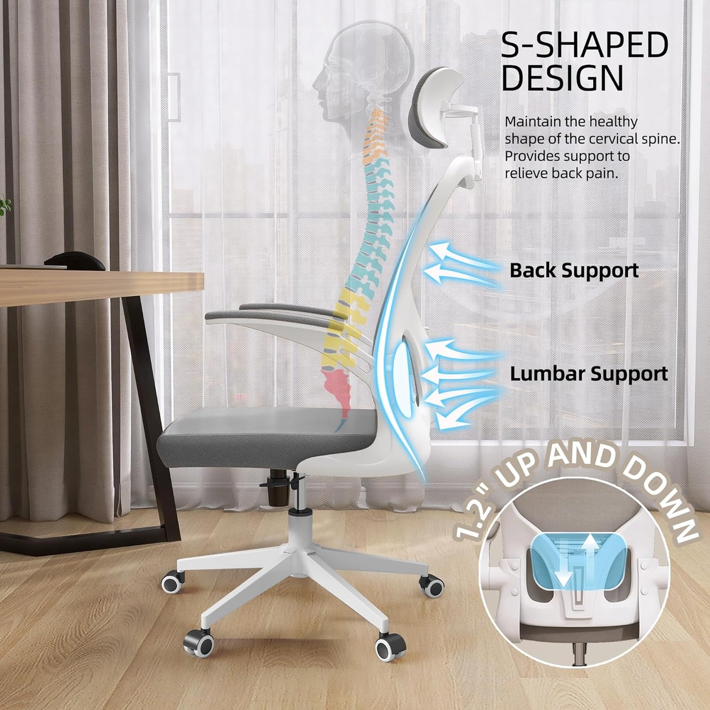 Ergonomic Office Chair, High-Back Mesh Computer Desk Chair with Adjustable Height, Lumbar Support, Flip-Up Armrests,headrest，and Swivel Rolling Design for Home and Office Use