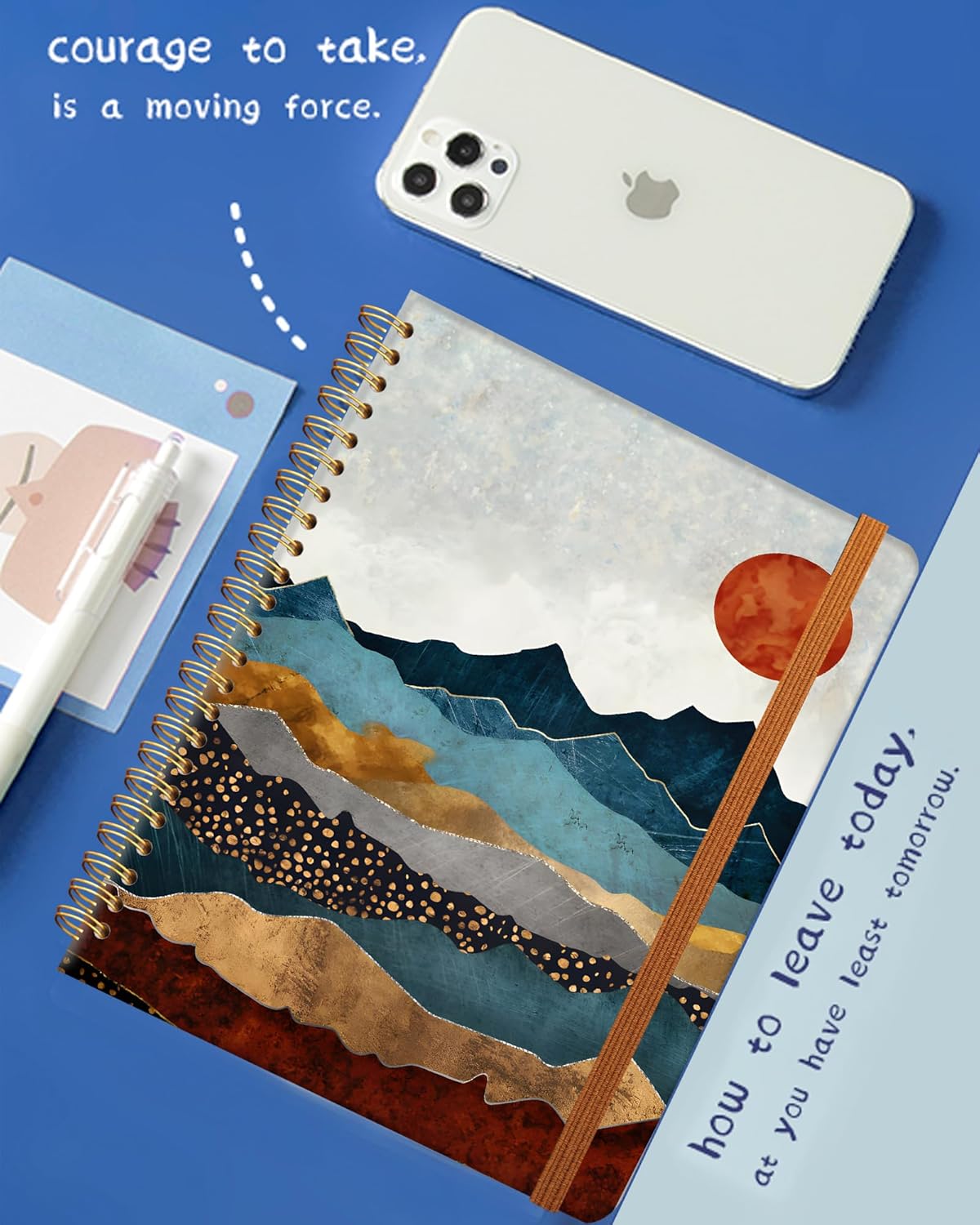 Ruled Spiral Writing Notebook,A5 Hardcover Lined College Journal for Women Lady,Fashion Puppy Watercolor Strong Twin-Wire Binding with Premium Paper,8.4" X 6",Perfect for School,Office,Home Gifts(Abstract Mountain Sun)