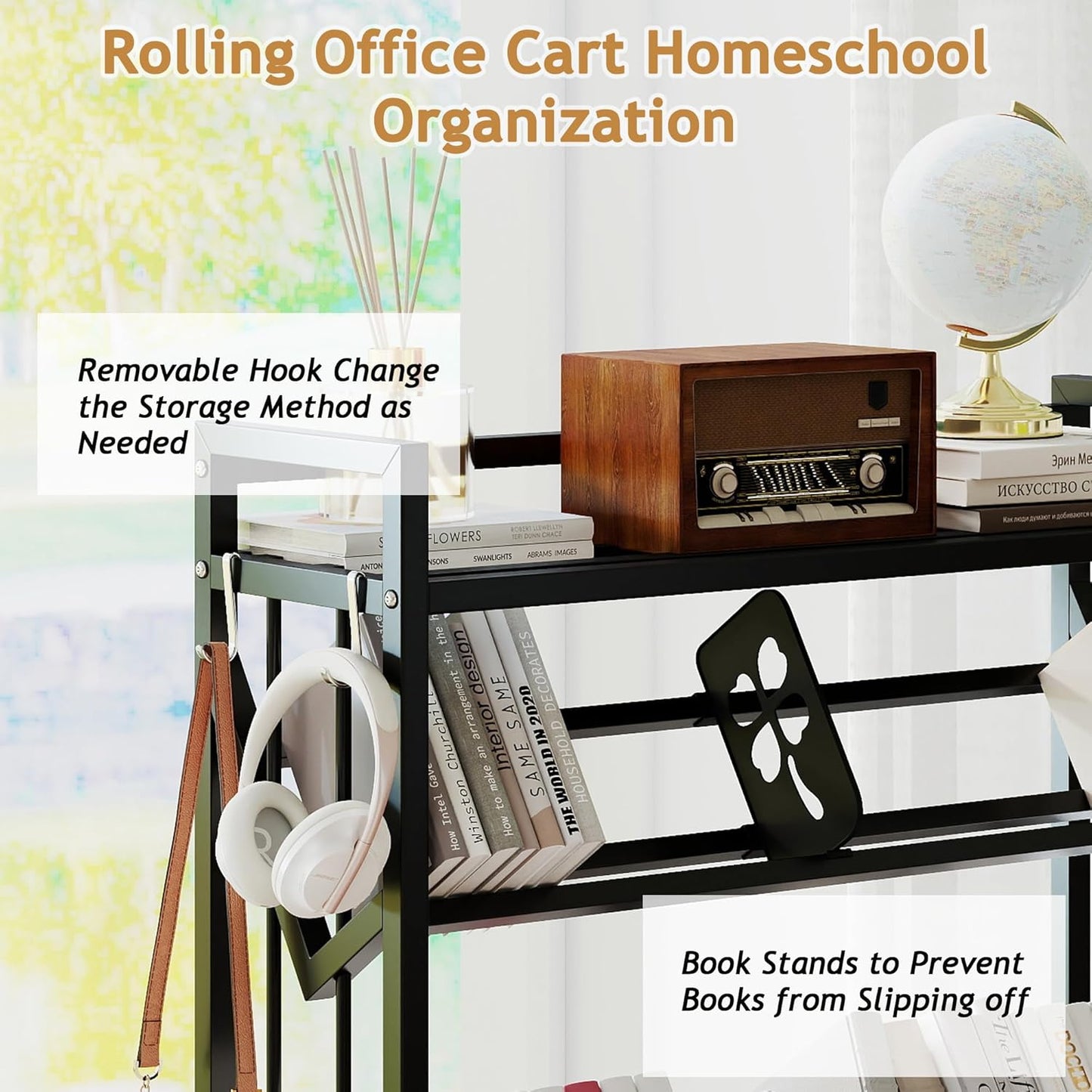 Book Carts with Wheels Library Rolling Book Cart 4 Tier Movable Bookshelf Mobile Large Capacity Organizer Rack for Teacher Classroom Office Room School (46.5'' H)