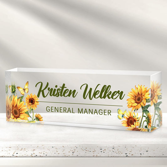 Personalized Name Plate for Desk - Custom Engraved Name Plates for Man - Boss Day Gifts for Boss - Acrylic Office Decor Appreciation Gifts for Teacher Nurse Coworker Social Worker (Sunflower)