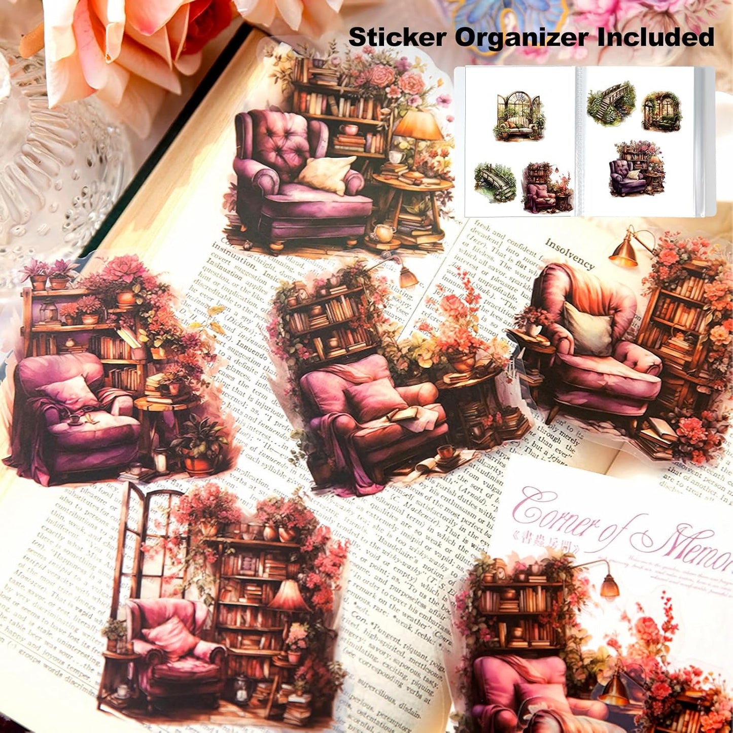 60Pcs PET Scrapbook Stickers, Vintage Aesthetic Designs for Scrapbooking Waterproof Journaling Supplies Junk Journal Ephemera with Storage Organizer