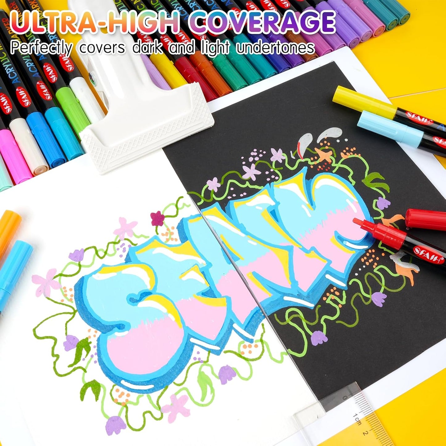 SFAIH 48 Vibrant Acrylic Paint Markers - [Ultra High Coverage]1-2mm Fine Tip Pen for Any Surface, Halloween Decorations, Pumpkin Painting, Paper Rock Fabric Wood, Non-Bleeding Permanent Ink, Non-Toxic
