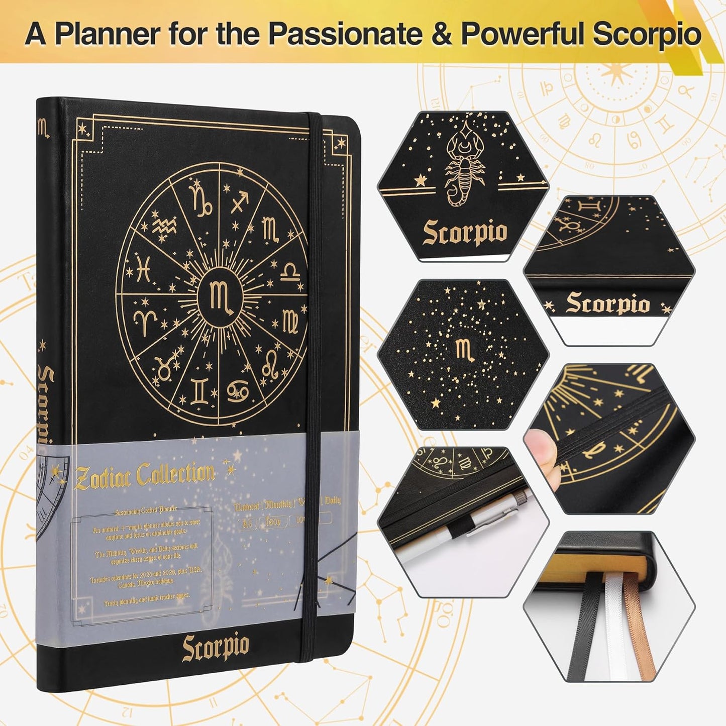Scorpio Zodiac Astrology Undated Monthly Weekly Daily Planner Journal Notebook Hardcover A5 5.7" x 8.3" 160 Pages 100GSM Paper 2025 2026 2027 Holidays Calendar