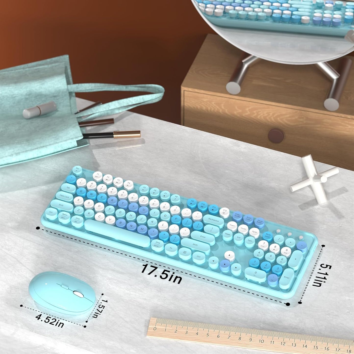 Colorful Wireless Computer Keyboard and Mouse Combo with Round Typewriter Keycaps, Retro Design, Power Switch, Ergonomic Design, 2.4GHz Wireless for Windows, Mac, PC (Blue-Colorful)