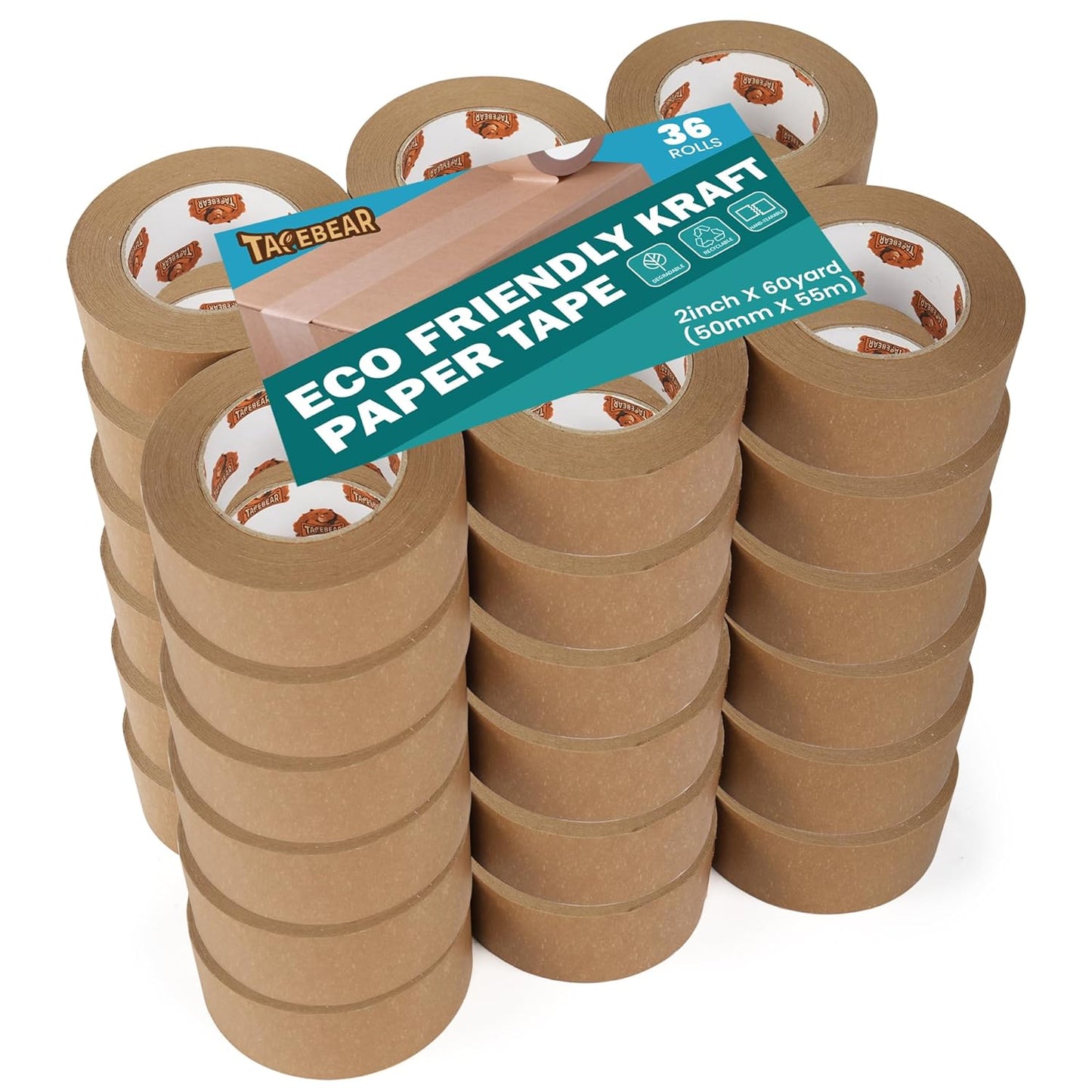 Eco-Friendly Kraft Paper Tape, Biodegradable Kraft Paper Tape, Recyclable Writable Packing Tape, Non-Coated Surface for Masking, Sealing, and Packaging Use, 2inch x 60yards, 36Rolls