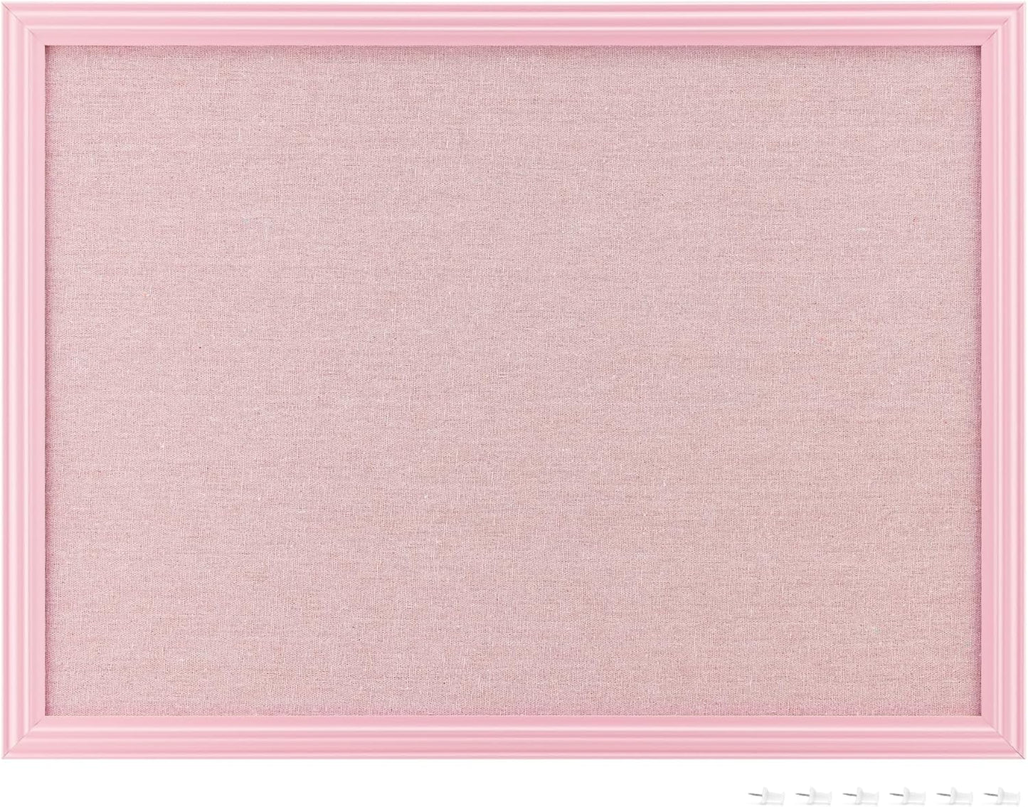 Navaris Framed Linen Bulletin Board - Approx. 58x43cm Fabric Jewelry Organizer Pinboard for Wall Memory Memo Pin Board - Pink Linen with Pink Frame