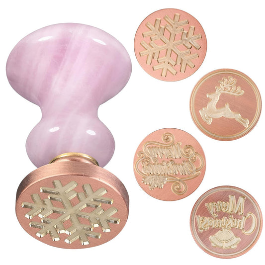 Rockcloud Wax Seal Stamps, 4 Pieces Copper Seals with Rose Quartz Handle, Christmas Theme, Pink