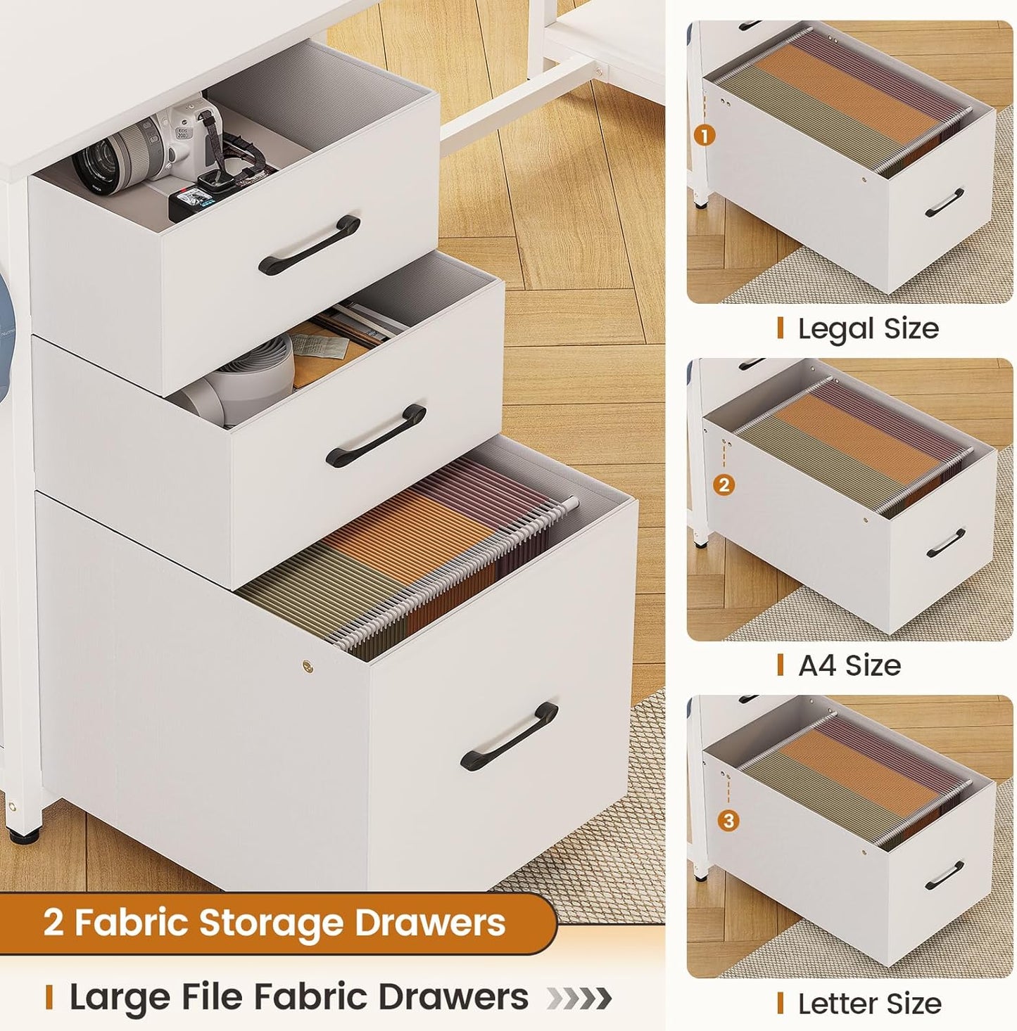 SEDETA L Shaped Computer Desk, 58'' Office Desk with 3 Drawers and Bookshelf, L Shaped Corner Desk with Storage Shelves and LED Light for Home Office, Gaming Desk, L Desk, White