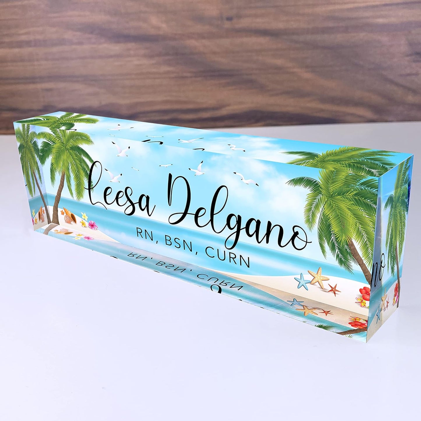 Artblox Office Desk Name Plate Personalized | Custom Name Plates for Desks | Sea Beach Design On Clear Acrylic Glass | Office Desk Decor - (8" x 2.5")