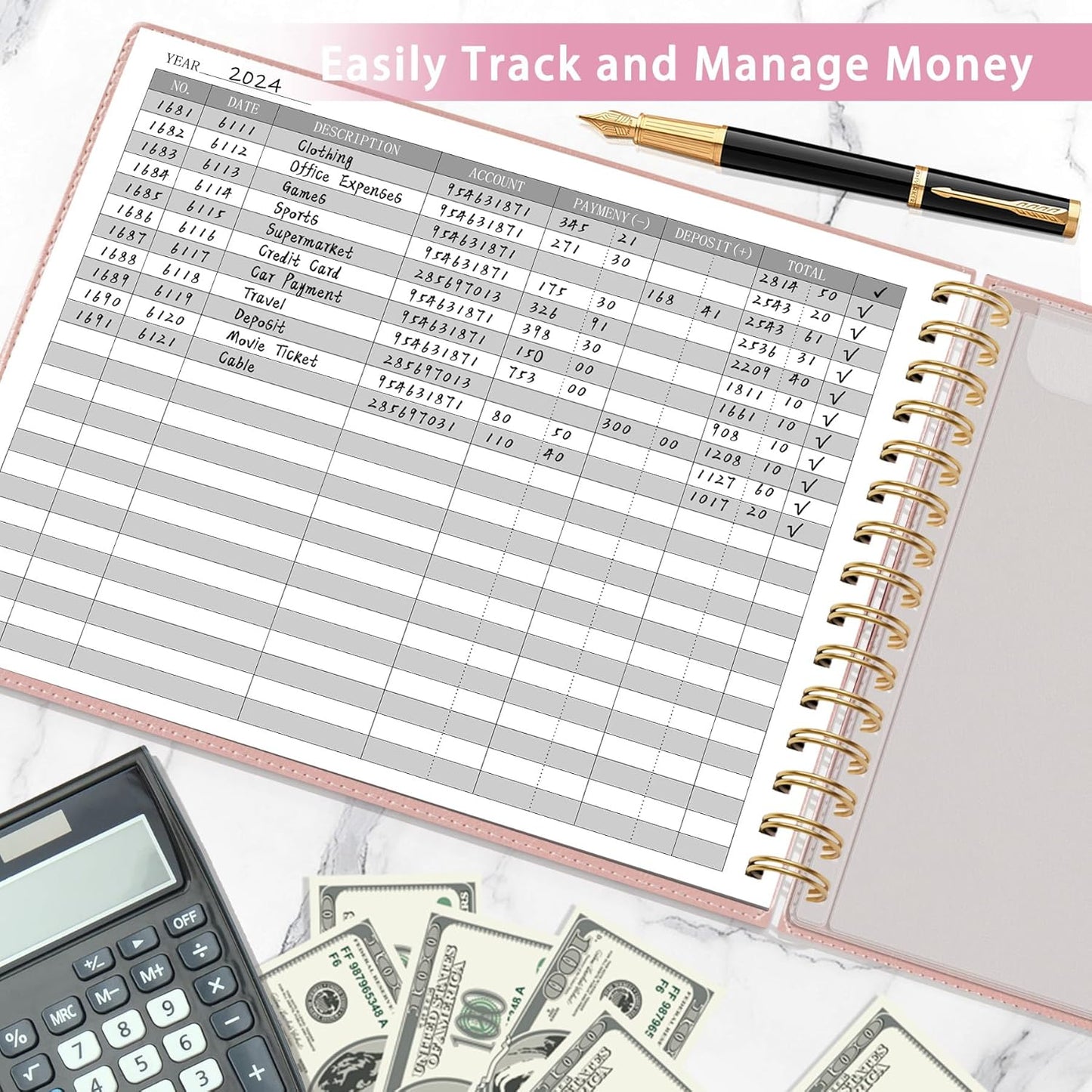 HAUTOCO Hardcover Accounting Ledger Book for Small Business Bookkeeping Horizontal Money Expense Tracker Notebook with 2 Storage Pouch, Personal Columnar Log Journal 10.78 x 8'', Rose Gold