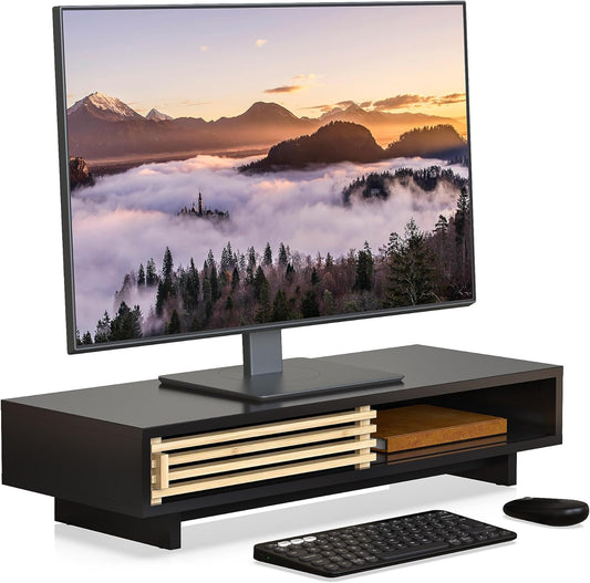 Monitor Stand Riser with Sliding Door, Computer Laptop Stand Desk Shelf Organizer with Storage (Black + Natural Bamboo, 25 Inch)