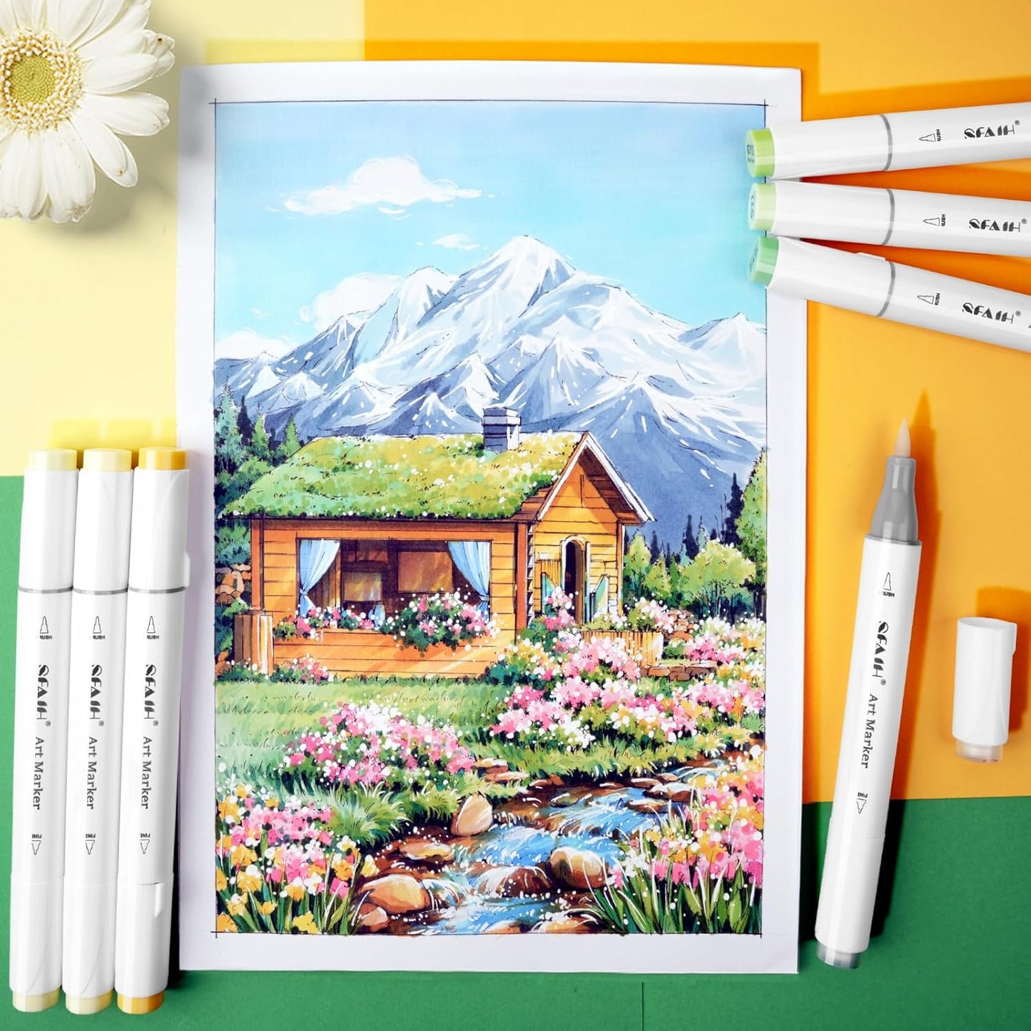 SFAIH Alcohol Markers Brush & Chisel - 216 Colors Double Tipped Art Markers for Adult Coloring Illustration, Gifts for Artist Adult - Adjustable Shoulder Strap & Faux Leather Lining & Outer Zip Pocket