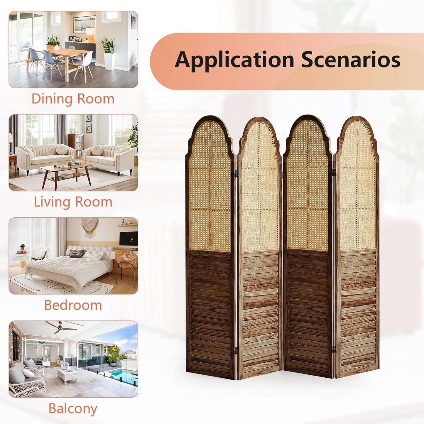4 Panel Rattan Folding Screen Room Divider, Privacy Dividers for Rooms, Louvered Partition Dividers, Room Divider Panel for Bedroom, Dressing Room, Balcony, Dark Brown
