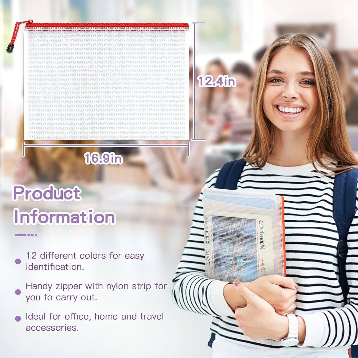 Umriox Mesh Zipper Pouch, 16.9x12.4 in (12 Colors, 36 Packs), Zipper Bags, Board Game Storage Bags, Clear Zipper Pouches for Puzzles, Games, Cross Stitch Projects and Classroom Supplies