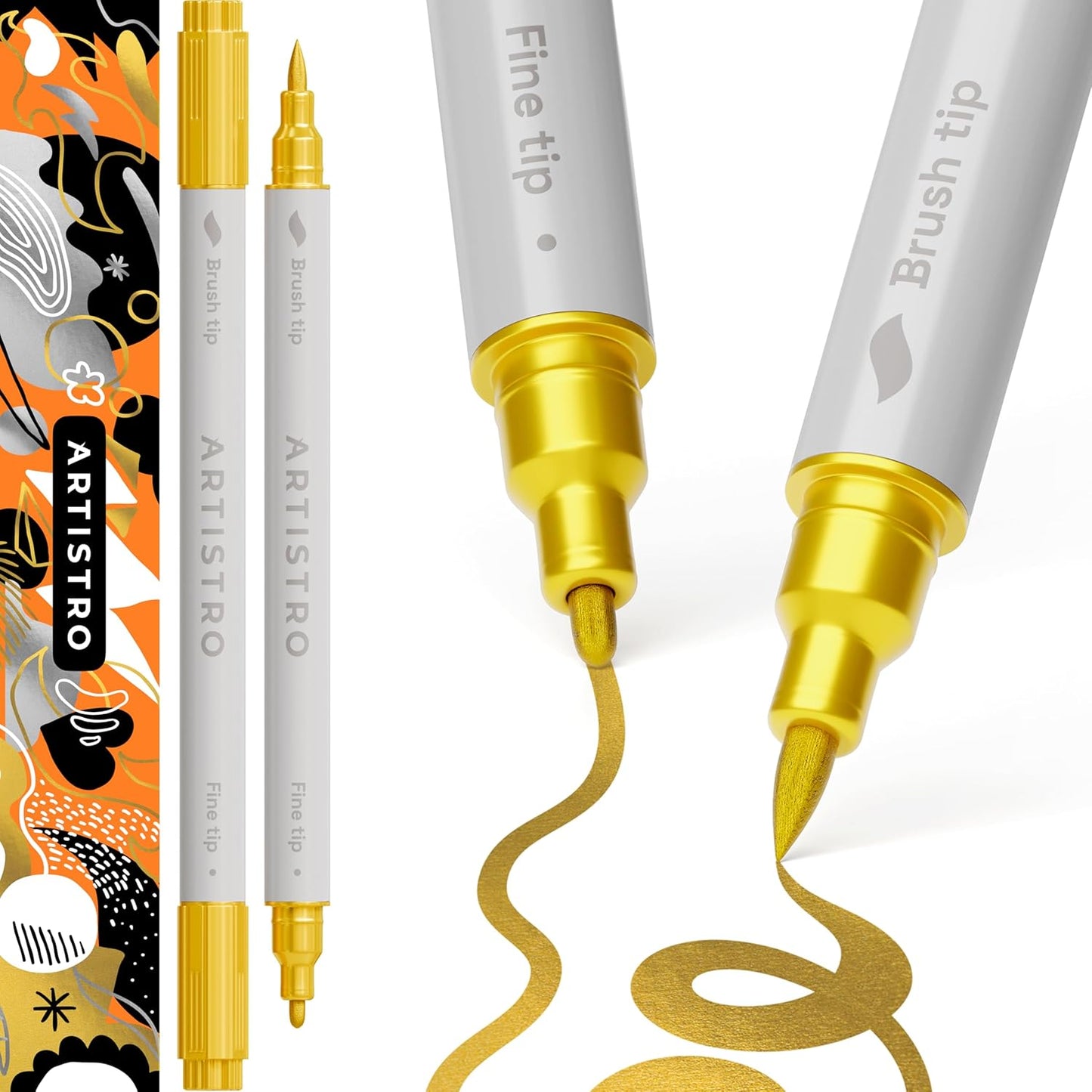 ARTISTRO 2 Gold Dual-Tip Acrylic Paint Pens - Multisurface Markers for Fabric, Plastic, & More, 1 mm Fine & Brush Tips