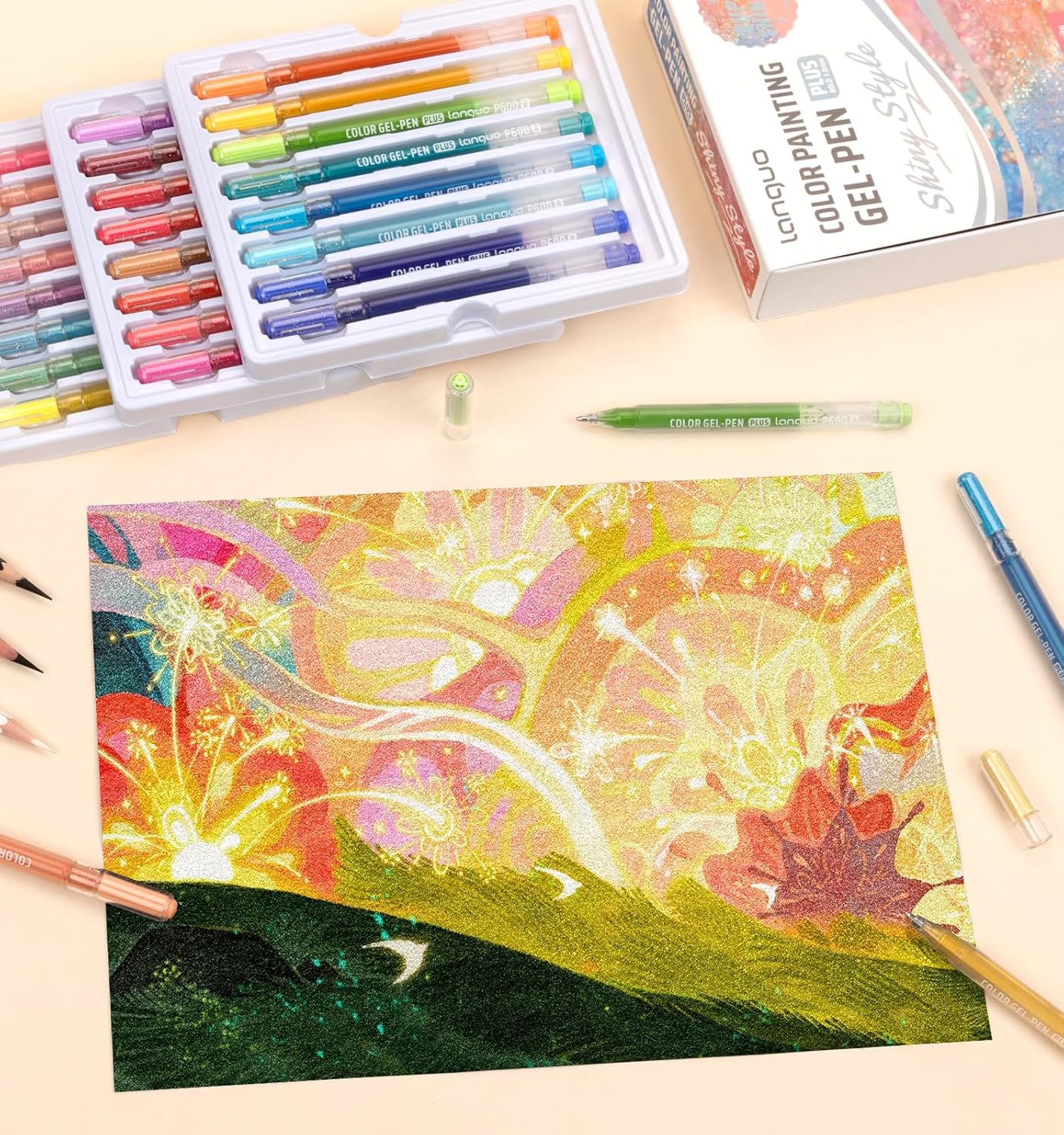 Glitter Gel Pens, 24 Pack Colored Pens for Black Paper & White Paper, 1.0mm Point Pens, Large Capacity Ink Pens for Coloring, Writing, Drawing, Journaling, Note Taking, School, Office, Home