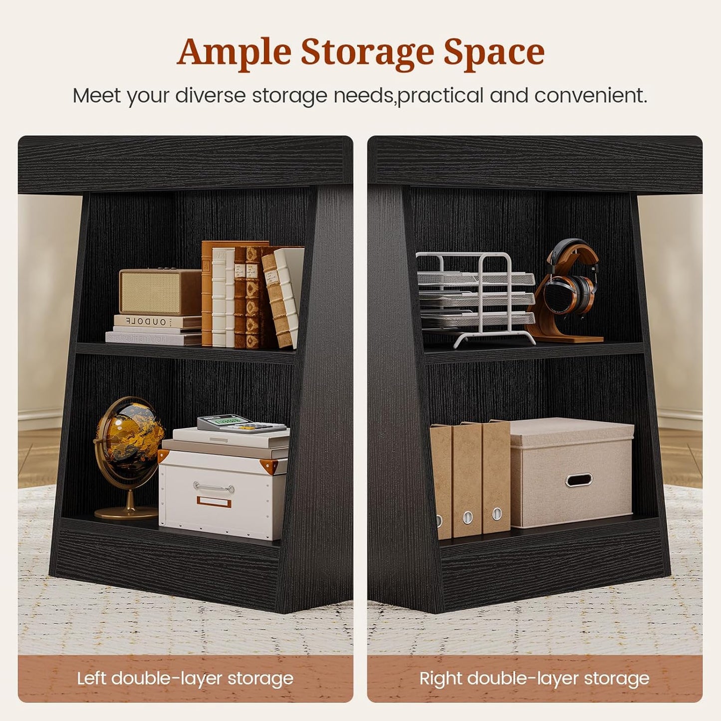 55.9 in Executive Desk with Power Outlets, Modern Home Office Desk with Storage Shelves, Wood Computer Desk Business Workstation Desk Conference Table, Black (Storage Shelves)