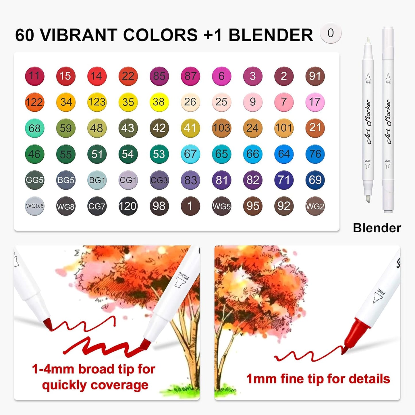 Lelix 61 Colors Alcohol Art Markers, 60 Colors Plus 1 Blender Dual Tip Permanent Marker Pens Highlighters Perfect for Kids Adults Artist Drawing Sketching Card Making & Coloring Books