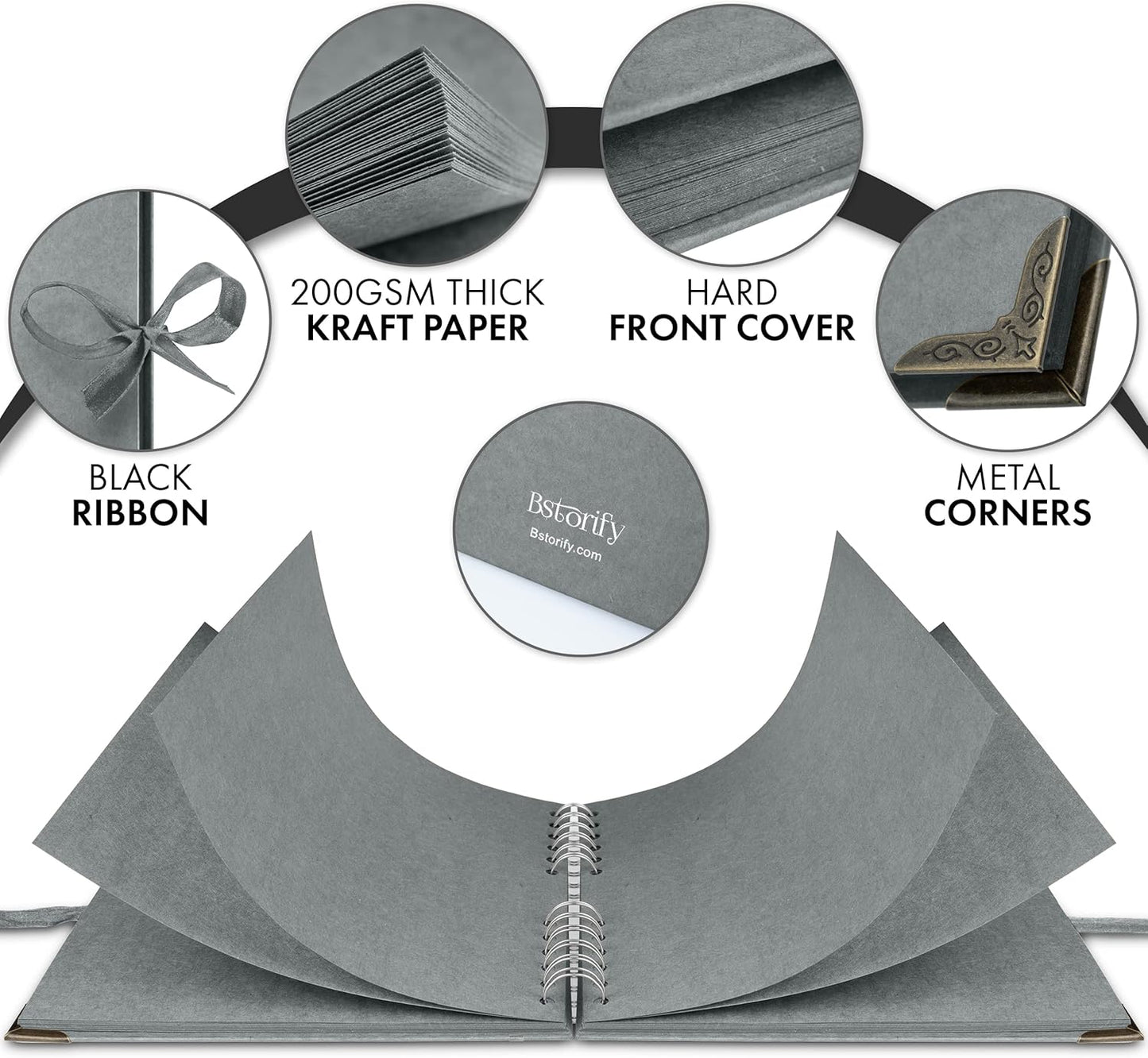 Bstorify Square Scrapbook Photo Albums 60 Pages (21 x 21 Cm) Grey Thick Paper, Hardcover, Metal Corners, Ribbon Closure - Ideal for Your Scrapbooking Albums, Art & Craft Projects (Grey, 21 x 21 Cm)