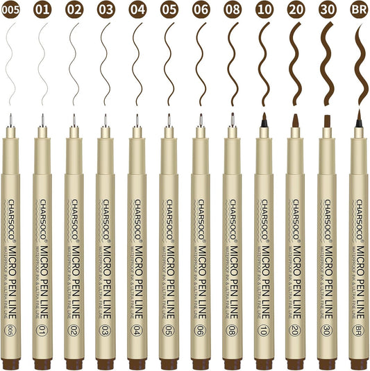 Brown Micro Pens, 12 Sizes in 0.23mm - 5mm, Waterproof Archival Ink, Fine Point Pen for Artist Illustration, Sketching, Anime, Manga and Technical Drawing