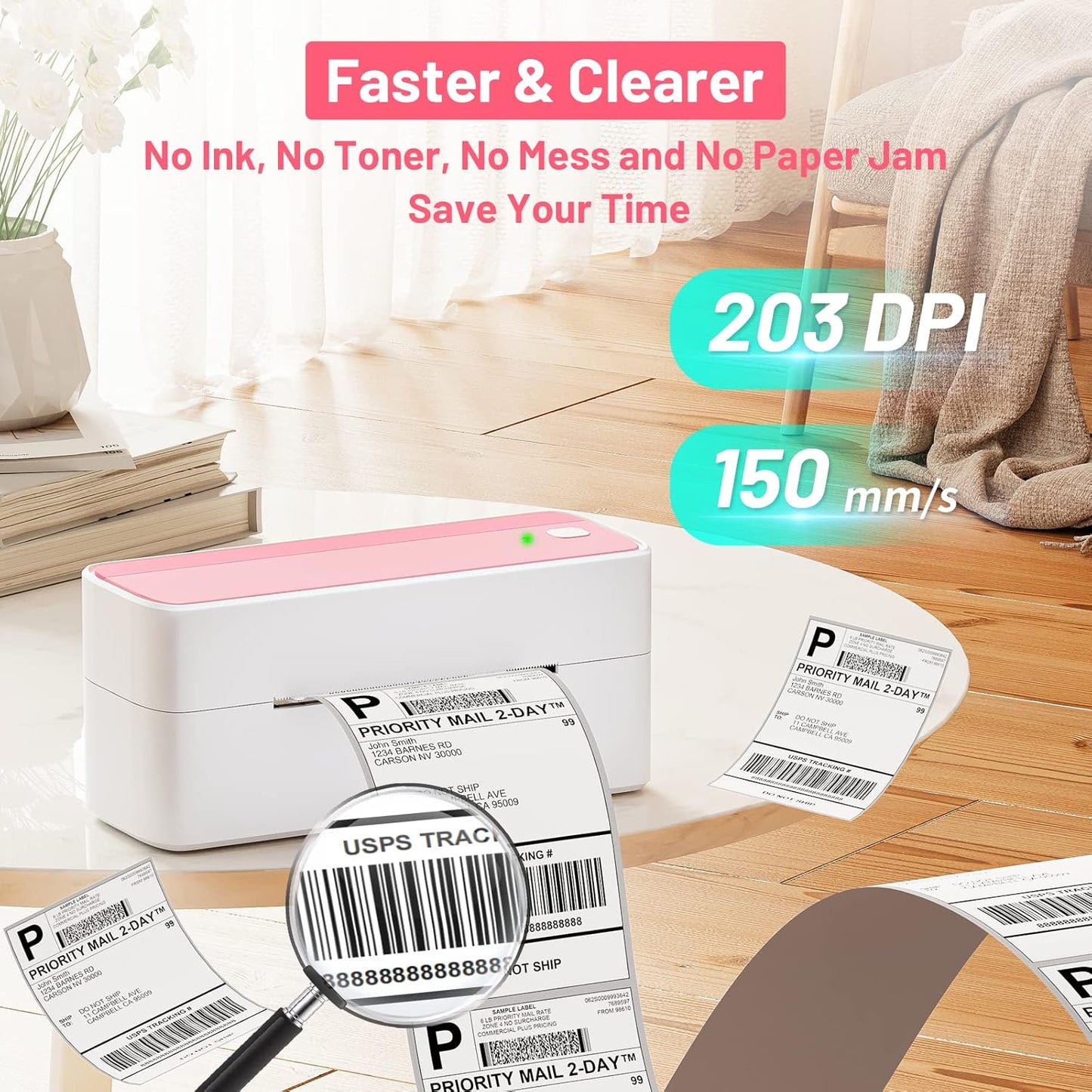 Phomemo Thermal Shipping Label Printer, 241BT Label Printer for Shipping Packages & Small Business, Pink 4x6 Bluetooth Label Printers Compatible with Android iOS Windows, Amazon, Ebay,UPS, Shopify