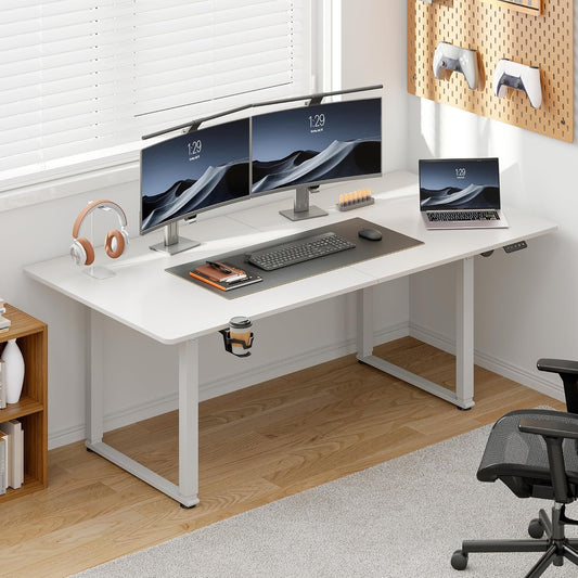 63x30 Inch Adjustable Standing Desk with 4 Legs, Stand up Desk Features a Spacious Rectangular Top, Dual-Motor Lift, and Memory Presets (28-46Inch) for Home Offices or Computer Workstations, White